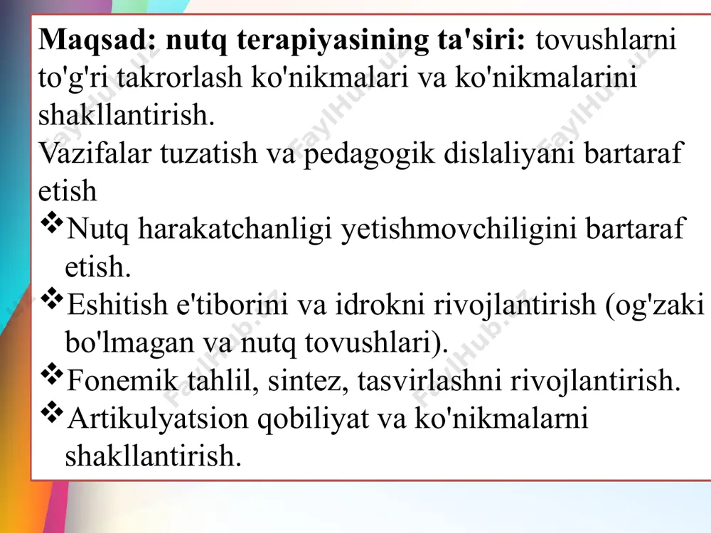 ] tovushi bilan 5-6 marta taqillating. tilning uchi [d] yoki [t] tovushi bilan alveolalarning yuqori qismida taqillatadi. 13-mashq maqsad: tovush [r] uchun til uchining tebranishini hosil qiladi. ko'rsatmalar : "yelkan" va "bolg'a" pozitsiyalaridan [d] tovushini tezlashtirilgan tezlikda talaffuz qiling. alveolalardagi tilning bir qator zarbalari o'rmonchining zarbasiga o'xshaydi: "d - dd ", "d - dd " (bir zarba va tez sur'atda bir nechta urish). 3-5 ta shunday seriyalar bajariladi. 15-a- mashq . "sovuq shamol". maqsad: hushtak tovushlari uchun tilning pastki holatini mahkamlang va tilning o'rta chizig'i bo'ylab yo'naltirilgan havo oqimini rivojlantiring. ovozni taqlid qilish orqali chaqirish. uslubiy tavsiyalar: "ko'prik" pozitsiyasidan "panjara" mashqiga qayting va tilga zarba bering. qo'l sovuq havo oqimini his qilishi kerak. 3-4 marta bajaring. agar taqlid muvaffaqiyatsiz bo'lsa, u holda ovozni qo'zg'atish uchun mexanik yordam qo'llaniladi. tilga zarba bering , jag' ostidagi cho'tka. sovuq havoni his eting . mashq 14. “pulemyot”. maqsad: tovush uchun til uchining tebranishini tuzatish …