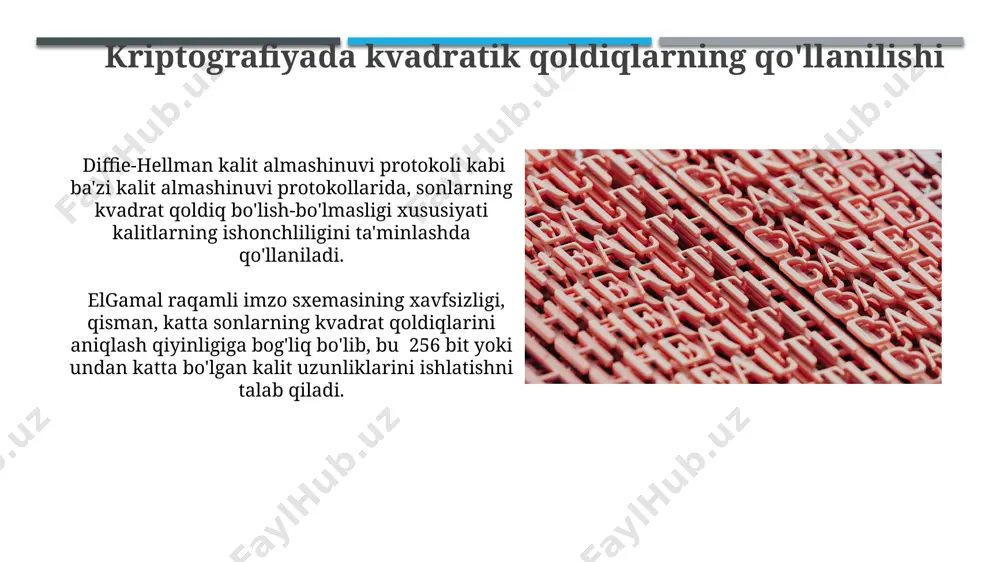 ogarifm muammosining murakkabligiga tayanadi, bu esa kriptografik xavfsizlikni ta'minlaydi. legendre simvoli legendre simvoli kvadrat qoldiqlar haqidagi teoremalarning isbotida va kvadrat tenglamalarni tub modulda yechishda muhim rol o'ynaydi, masalan, x² ≡ a (mod p) tenglamasining yechimlarini topishda qo'llaniladi. agar p toq tub son va a p ga nisbatan kvadrat qoldiq bo'lsa, legendre simvoli (a/p) = 1 ga teng bo'ladi; aks holda, agar a p ga nisbatan kvadrat qoldiq bo'lmasa, (a/p) = -1 ga teng bo'ladi diffie-hellman kalit almashinuvi ushbu algoritmda hisoblash murakkabligi diskret logarifm muammosiga bog'liq bo'lib, katta sonlar uchun bu muammoni yechish juda qiyin. shuning uchun xavfsizlik ta'minlanadi. diffie-hellman kalit almashinuvida ikki tomon ham ommaviy bo'lgan katta tub son p va generatori g ni tanlaydi, so'ngra maxfiy sonlarni (masalan, 1024 bitli) tanlab, kalitlarni hisoblaydi. e'tiboringiz uchun rahmat @taqdimot_robot image1.jpg image2.jpg image3.jpg image4.jpg image5.jpg image6.jpg image7.jpg image8.jpg image9.jpg image10.jpg image11.jpg image12.jpg image13.jpg image14.jpg image15.jpg image16.jpg image17.jpg