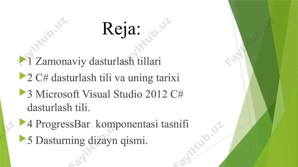 moqda. bir xil turdagi ishni bajaradigan dasturlarni basic, pascal, ci va boshqa tillarda yozish mumkin. pascal, fortran va kobol tillari universal tillar hisoblanadi, ci va assembler tillari mashina tiliga ancha yaqin tillar bo’lib, quyi yoki o'rta darajali tillardir. algoritmik til inson tillariga qanchalik yaqin bo’lsa, u tilga yuqori darajali til deyiladi. mashina tili esa eng pastki darajali tildir. mashina tili - bu sonlardan iboratdir, masalan: 010110100010101. odatda dasturlash yuqori saviyali dasturlash tillari (delphi, java, c++, python) vositasida amalga oshiriladi. bu dasturlash tillarining semantikasi odam tiliga yaqinligi tufayli dastur tuzish jarayoni ancha oson kechadi. ko'p ishlatiladigan dasturlash tillari. biz hozir biladigan va ishlatadigan tillarning barchasi shu guruhga mansub. ular insonga "tushunarli" tilda yoziladi. ingliz tilini yaxshi biluvchilar programma kodini qiynalmasdan tushunishlari mumkin. bu guruhga fortran, algol, c, pascal, cobol va h.k. tillar kiradi(ko`pchiligi hozirda deyarli qo`llanilmaydi). biz c# ning kelib chiqish geneologik daraxtini ko`rib chiqsak: c# dasturlash tilida birinchi dasturni ko’raylik: …