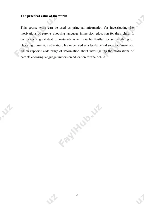 articularly language immersio n schools, which are the focus of this study, require parents’ support and involvement as they generally need to make extra strides in attracting students, locating funds, and justifying their worth and success. in a language immersion program, students, mostly at the elementary school age, learn another language by learning content taught to them in the second language. immersion education effectively provides its students with “academic achievement, bi- or multilingualism, literacy in at least two languages, and enhanced levels of intercultural sensitivity”. this way of language learning has proven to be very successful and powerful since its first implementation in the united states at the beginning of the 1970s. there are two main language immersion models: foreign language and bilingual immersion. foreign language immersion programs, also referred to as one-way immersion, serve a student body which largely consists of “speakers of the societally dominant language ” . …