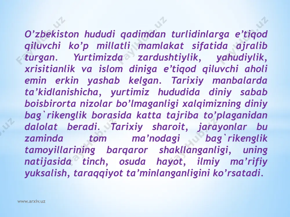 janob g`oya va niyatlar yo’lida hamkor va xamjixat bo’lib yashashni anglatadi. qadim – qadimdan din aksariyat milliy qadriyatlarni o’zida mujassam etib keladi. milliy qadriyatlarning asrlar osha bezavol yashab kelayotgani ham dinning ana shu tabiati bilan bog`liq. chunki, dunyodagi dinlarning barchasi ezgulik g`oyalariga asoslanadi, yaxshilik, tinchlik, do’stlik kabi fazilatlarga tayanadi. odamlarni halollik, poklik, mehr – oqibat va bag`rikenglikka chorlaydi. www.arxiv.uz mustaqillik sharofati bilan 130 dan ortiq millat va elat vakillari yashaydigan o’zbekistonda turli din, millat va elat vakillari farovon yashashi uchun qulay sharoitlar yaratilgan bo’lib, islom, xristianlik, yahudiylik, bahoi jamoalari va krishnani anglash jamiyati, bular bilan birgalikda ularning turli oqimlari va yo’nalishlari vakillari tinch, osoyishta va farovon hayot kechirib kelmoqda. www.arxiv.uz mustaqillik sharoitida etnik munosobatlar va din sohasida olib borilayotgan izchil va qat’iy siyosat tufayli mamlakatimizda millatlararo totuvlik va konfessiyalararo hamkorlik qaror topdi. konstitustiyamizda «o’zbekiston respublikasida barcha fuqarolar bir xil huquq va erkinliklarga ega bo’lib, jinsi, irqi, millati, dini, ijtimoiy kelib …