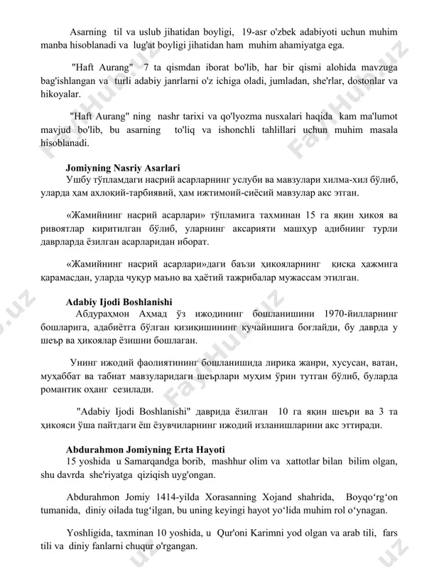 -хил бўлиб, уларда ҳам ахлоқий-тарбиявий, ҳам ижтимоий-сиёсий мавзулар акс этган. «жамийнинг насрий асарлари» тўпламига тахминан 15 га яқин ҳикоя ва ривоятлар киритилган бўлиб, уларнинг аксарияти машҳур адибнинг турли даврларда ёзилган асарларидан иборат. «жамийнинг насрий асарлари»даги баъзи ҳикояларнинг қисқа ҳажмига қарамасдан, уларда чуқур маъно ва ҳаётий тажрибалар мужассам этилган. adabiy ijodi boshlanishi абдураҳмон аҳмад ўз ижодининг бошланишини 1970-йилларнинг бошларига, адабиётга бўлган қизиқишининг кучайишига боғлайди, бу даврда у шеър ва ҳикоялар ёзишни бошлаган. унинг ижодий фаолиятининг бошланишида лирика жанри, хусусан, ватан, муҳаббат ва табиат мавзуларидаги шеърлари муҳим ўрин тутган бўлиб, буларда романтик оҳанг сезилади. "adabiy ijodi boshlanishi" даврида ёзилган 10 га яқин шеъри ва 3 та ҳикояси ўша пайтдаги ёш ёзувчиларнинг ижодий изланишларини акс эттиради. abdurahmon jomiyning erta hayoti 15 yoshida u samarqandga borib, mashhur olim va xattotlar bilan bilim olgan, shu davrda she'riyatga qiziqish uyg'ongan. abdurahmon jomiy 1414-yilda xorasanning xojand shahrida, boyqoʻrgʻon tumanida, diniy oilada tugʻilgan, bu uning keyingi hayot yoʻlida …