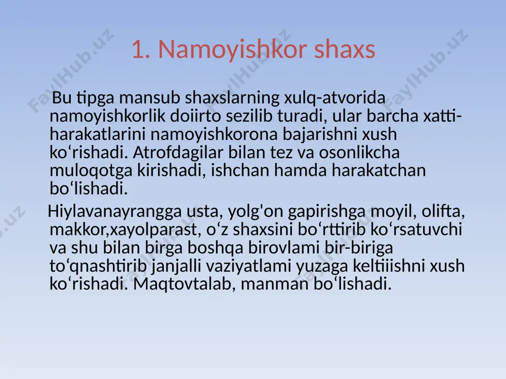 ob berganligini ko‘rsatadi savolnomaga javob berib bo‘lingandan so‘ng, savolnoma kaliti yordamida e - ekstraversiya, n — neyrotizm, y o - yolg‘on ko‘rsatkichlari bo'yicha shaxs xususiyatlari aniqlanadi. sinaluvchida shaxsning qaysi xususiyati, ya’ni ekstraversiya, intraversiya, neyrotizm ko‘proq namoyon bo‘lganligi va uning temperamenti aniqlanadi. ko‘rsatkichlar me’yordan farq qilsa, sinaluvchiga o‘z shaxsi ustida o'ylab ko‘rish uchun zarur maslahatlar beriladi. /docprops/thumbnail.jpeg