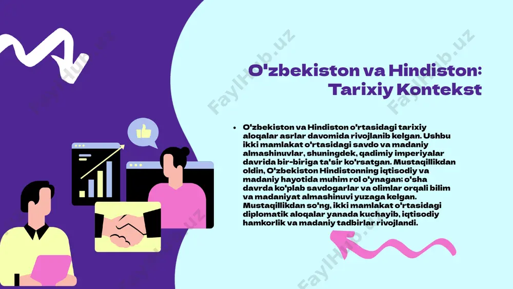 viy barqarorlikni ham ta'minlaydi. hamkorlikni kuchaytirish yo'llari 1. savdo va investitsiyalarni oshirish: o'zbekiston va hindiston o'rtasida savdo hajmini kengaytirish va investitsiyalarni rag'batlantirish. 2. ta'lim va ilmiy hamkorlik: o'zaro talabalar almashinuvi va ilmiy tadqiqotlar orqali hamkorlikni kuchaytirish. 3. madaniy almashinish: san'at, adabiyot va boshqa madaniy tadbirlar orqali o'zaro tushunishni oshirish. mintaqaviy va global kontekstda rivojlanish o'zbekiston va hindiston o'rtasidagi aloqalar, markaziy osiyo va janubiy osiyo mintaqalaridagi geosiyosiy o'zgarishlarga ta'sir qiladi. ushbu hamkorlik, shuningdek, global iqtisodiyotda yangi imkoniyatlarni yaratadi va xalqaro xavfsizlikni ta'minlashda muhim rol o'ynaydi. kelajak istiqbollari o'zbekiston va hindiston o'rtasidagi munosabatlar kelajakda yanada mustahkamlanishi kutilmoqda. iqtisodiy hamkorlikni rivojlantirish, madaniy almashinishni kengaytirish va o'zaro siyosiy qo'llab-quvvatlash bilan birga, bu munosabatlar mintaqaviy barqarorlik va rivojlanish uchun yangi imkoniyatlar yaratadi. o'zbekiston va hindiston iqtisodiy hamkorligi o'zbekiston va hindiston o'rtasidagi iqtisodiy hamkorlik so'nggi yillarda sezilarli darajada rivojlandi. ikkala mamlakat o'rtasidagi savdo aloqalari kuchayib, 2020 yilgacha savdo hajmi 300 million dollarga yetdi. o'zbekiston hindistonga paxta, …