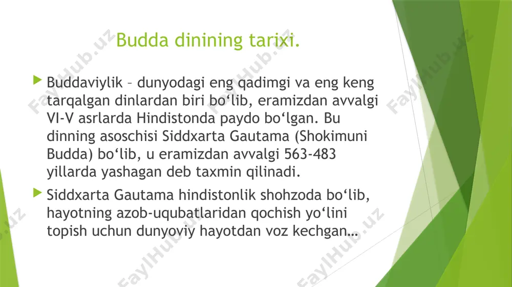 : 1-to’g’ri qarash, 2-to’g’ri noyat, 3-to’g’ri so’z,4-to’g’ri harakat, 5-to’g’ri turmush tarizi, 6-to’g’ri harakat qilish, 7-to’g’ri tafakur, 8-to’g’ri diqqat etibor. . 1. to‘g‘ri qarash – hayotni to‘g‘ri tushunish va haqiqatni qabul qilish. 2. to‘g‘ri niyat – ezgu niyatda bo‘lish va zarar yetkazmaslik. 3. to‘g‘ri so‘z – yolg‘on gapirmaslik, g‘iybat qilmaslik, qo‘pollikdan qochish. 4. to‘g‘ri harakat – odob-axloq qoidalariga rioya qilish. 5. to‘g‘ri turmush tarzi – halol mehnat qilish va nopok ishlardan tiyilish. 6. to‘g‘ri harakat qilish – o‘z ustida ishlash, sabr-toqatli bo‘lish. 7. to‘g‘ri tafakkur – hayotning mohiyatini tushunishga harakat qilish. 8. to‘g‘ri diqqat-e’tibor – hozirgi paytga e’tibor qaratish va fikrni . karma va reinkarnatsiya (qayta tug‘ilish) buddaviylikda karma va reinkarnatsiya tushunchalari muhim o‘rin tutadi. karma – har bir insonning qilgan ishlari kelajakdagi hayotiga ta’sir qiladi. yaxshi ishlar yaxshilik bilan, yomon ishlar esa yomonlik bilan qaytadi. reinkarnatsiya – inson vafot etgach, uning ruhi yangi tanada qayta tug‘iladi. bu jarayon inson nirvanaga …