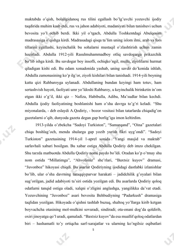 b buzuq, shaltoq yo’llarga kirib ketgan boyvachcha otasining mol-mulkini sovuradi, sindiradi; ota-onani dog’da qoldirib, oxiri jinoyatga qo’l uradi, qamaladi. “baxtsiz kuyov”da esa muallif qoloq odatlardan biri – hashamatli to’y ortiqcha sarf-xarajatlar va ularning ko’ngilsiz oqibatlari masalasini ko’taradi. amakisining maslahati bilan solih ismli yetim yigit katta qarz ko’tarib dabdabali to’y qilib, boy xonadon qiziga uylanadi. vaqtida qarzini uzolmay garovga qo’yilgan hovli-joyidan ajralish oldida sharmandalikdan o’zini-o’zi o’ldiradi. qodiriyning oktabr inqilobidan keyingi faoliyati asosan matbuot bilan bog’langan. 1919-yili “oziq ishlari” gazetasiga muharrir bo’lib tayinlandi; so’ngra “ro’sta” gazetasiga muxbir, “ishtirokiyun” va “qizil bayroq” gazetalarida xodim, “inqilob”, “kommunist yo’ldoshi” majmualarida sarkotib va xodim bo’lib ishlaydi. qodiriy ham matbuot xodimi, ham jurnalist-publitsist, hajviy yozuvchi sifatida o’zbekistonda yangi tipdagi sovet matbuotining tug’ilishi va shakllanishida benihoyat katta xizmat qildi. ayniqsa, “mushtum” jurnalining tashkil topishida va oyoqqa turishida katta jonbozlik ko’rsatdi. qodiriy matbuot, jurnalistika sohasidagi bilimi va malakasini oshirish maqsadida 1924-1925-yillar orasida moskvadagi oliy jurnalistika institutida ta’lim oladi. moskvada …