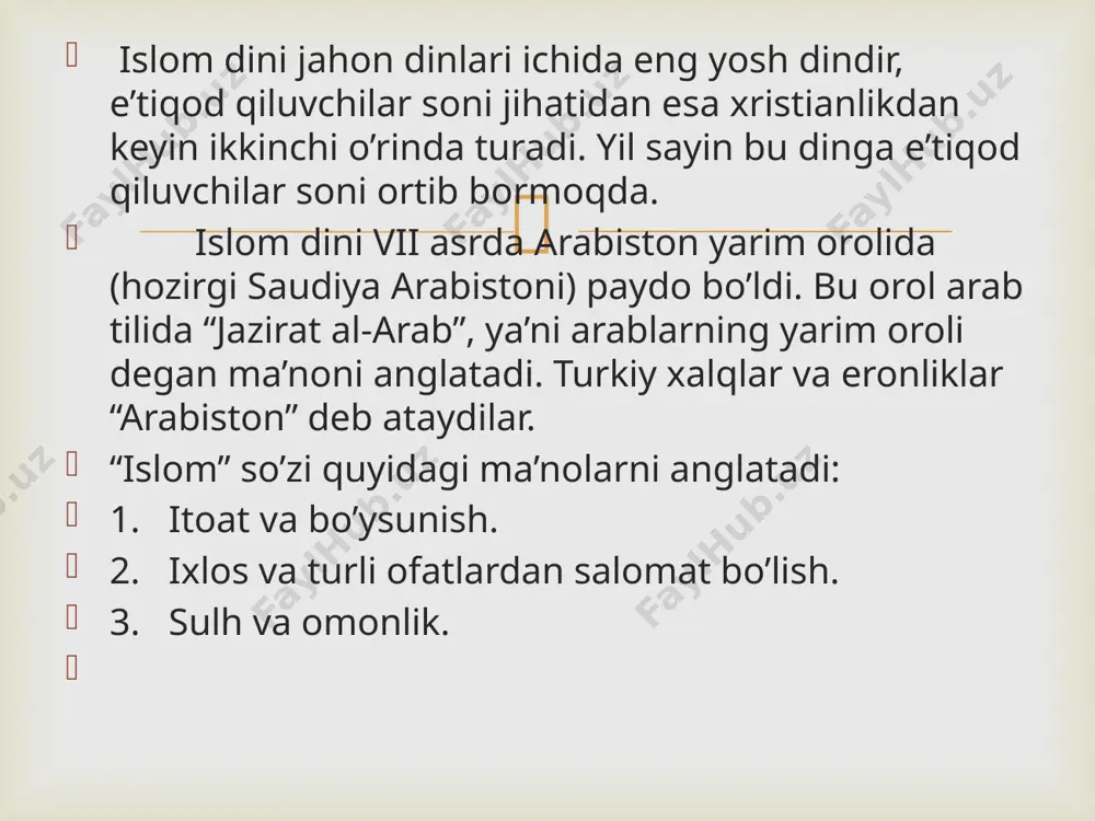 iy adabiyotlarda ta’kidlanishicha 610-yilda muhammadning hayotida keskin burilish pallasi yuz berdi.endi uning hayotida payg’ambarlik davri boshlandi. yani, ilk vahiy kela boshladi. yana shu adabiyotlarda ta’kidlanishicha olloh o’z inoyatini 3 xil shaklda bildiradi: 1. vahiy orqali 2. parda orqasidan gapirish orqali 3. farishtalar yuborish orqali shu paytdan boshlab muhammad ollohning rasuliga aylandi. bu faoliyat 23 yil davom etdi. 23 yildan iborat payg’ambarlik hayotining bir qismi makkada, bir qismi madinada o’tganligi sababli qur’on sur’alari ham makkaiy-90 ta va madinaiy-24 ta sur’alarga bo’linadi.  muhammad payg’ambar makkaliklarni butga sig’inishdan qaytarish va yagona ollohga sig’inishga o’rgatish uchun 3 yil yashirincha targ’ibot bilan shug’ullandi. uch yillik yashirin targ’ibot davomida islomga e’tiqod qiluvchilar soni 30 taga etdi. makka aholisi ikkiga bo’lindi: muhammad tarafdorlari – musulmonlar va ularga qarshi bo’lgan mushriqlar. muslimlar va mushriqlar o’rtasida jiddiy kurash borgan. sababi islomga o’tish ka’badagi 360 ta butdan kechishni anglatar edi.buni ko’pchilik istamasdi. muhammad boshliq musulmonlar mushariqlar tazyiqidan qochib 3 …