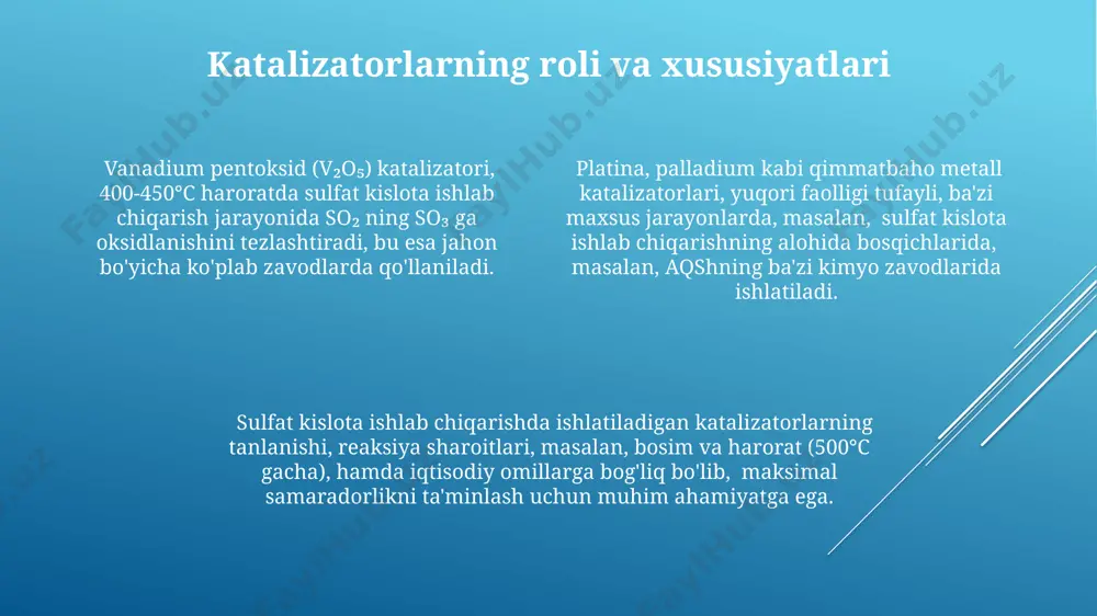 himoya vositalaridan, masalan, issiqqa chidamli qo'lqop va maxsus kiyimlardan foydalanish majburiydir. oltingugurt angidrid va oltingugurt trioksid kabi zaharli gazlarning chiqishiga yo'l qo'ymaslik uchun, chimgan shahridagi zavodlarda bo'lgani kabi, havo almashinuvi yaxshi bo'lgan yopiq tizimlardan foydalanish va gaz analizatorlari yordamida 10 ppm dan yuqori konsentratsiyada gazlar aniqlanganda favqulodda to'xtash tizimlarini qo'llash kerak. kontaktli usulda oltingugurt kislotasi ishlab chiqarishda, katalizator qatlamiga 450°c dan yuqori haroratli gazlarning kirishi oldini olish uchun, farg'ona neft kimyo zavodidagi kabi, gaz tozalash tizimlarini muntazam nazorat qilish zarur. xomashyo: oltingugurt va havo oltingugurt va havo aralashmasini 450-500°c haroratda kuydirish jarayonida oltingugurt dioksidi (so2) hosil bo'ladi, bu esa sulfat kislota ishlab chiqarishning keyingi bosqichlari uchun asosiy moddadir. xomashyodagi oltingugurtning tozaligi va miqdori, samarkanddagi zavodlarda sulfat kislota hosil bo'lish samaradorligiga, ya'ni 98% li kislota hosil qilishga bevosita ta'sir ko'rsatadi. o'zbekistonning qashqadaryo viloyatida oltingugurt konlaridan qazib olingan xomashyo, 95% gacha sof oltingugurt bo'lib, sulfat kislota ishlab chiqarish uchun muhim xom ashyo …