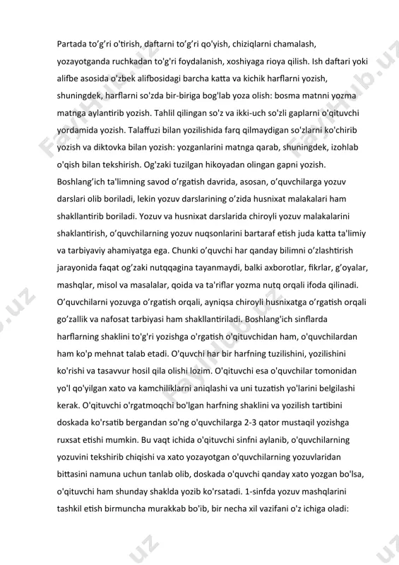 n qator usuliy shart-sharoitlarga bog'liq savod o'rgatish jarayonida o'quvchilar o'qishga o'rganish bilan parallel ravishda yozuvdan ham elementar malaka hosil qiladilar. dasturga muvofiq o'quvchilar yozuvdan quyidagi malakalarni egallashlari lozim: partada to’g’ri o'tirish, daftarni to’g’ri qo'yish, chiziqlarni chamalash, yozayotganda ruchkadan to'g'ri foydalanish, xoshiyaga rioya qilish. ish daftari yoki alifbe asosida o'zbek alifbosidagi barcha katta va kichik harflarni yozish, shuningdek, harflarni so'zda bir-biriga bog'lab yoza olish: bosma matnni yozma matnga aylantirib yozish. tahlil qilingan so'z va ikki-uch so'zli gaplarni o'qituvchi yordamida yozish. talaffuzi bilan yozilishida farq qilmaydigan so'zlarni ko'chirib yozish va diktovka bilan yozish: yozganlarini matnga qarab, shuningdek, izohlab o'qish bilan tekshirish. og'zaki tuzilgan hikoyadan olingan gapni yozish. boshlang’ich ta'limning savod o’rgatish davrida, asosan, o’quvchilarga yozuv darslari olib boriladi, lеkin yozuv darslarining o’zida husnixat malakalari ham shakllantirib boriladi. yozuv va husnixat darslarida chiroyli yozuv malakalarini shaklantirish, o’quvchilarning yozuv nuqsonlarini bartaraf etish juda katta ta'limiy va tarbiyaviy ahamiyatga ega. chunki o’quvchi har qanday bilimni …