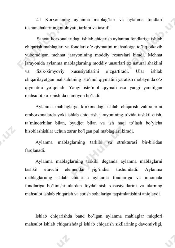 asoslangan va ozlarining xususiyatlari boyicha ilgor davr talabiga javob beradigan bolishlar zarur. moddiy resurslarni sarflash normalari turlicha bolishi mumkin: 1. foydalanish muddatiga normalar, a) istiqbolli; b) yillik va operativ normalar. 2. qollanish miqyosi boyicha normalar ikki xil: shaxsiy normalar va rasmiylashgan normalar boladi. 3. normalashtirilayotgan mablagning detallashtirish darajasi: tayyor mahsulot yoki uning ayrim qismlari boyicha ajratilishi mumkin. 4. materiallarni detallashtirish boyicha yigma normalar, yiriklashgan normalar bolishi mumkin. 5. moddiy resurslarni togri, oqilona sarflashni normallashtirish uchun ularning tarkibini belgilash katta ahamiyatga ega. aylanma mablaglarning aylanishi turli korsatkichlar bilan belgilanadi. aylanma mablaglarning aylanish koeffitsienti quyidagi formula yordamida aniqlanadi: ka  msm / ay.q, bunda: msm – sotilgan mahsluot miqdori, som hisobida; ay.q. – aylanma mablaglarning ortacha yillik qoldigi, som hisobida. aylana mablaglarning 1 ta aylanish davrini quyidagi formula bilan hisoblash mumkin: ad  (a y.q  360)/ msm aylanma mablaglarning aylanish davrini hisoblashni osonlashtirish uchun yildagi kunlar sonini 360 kun, kvartalni 90 …