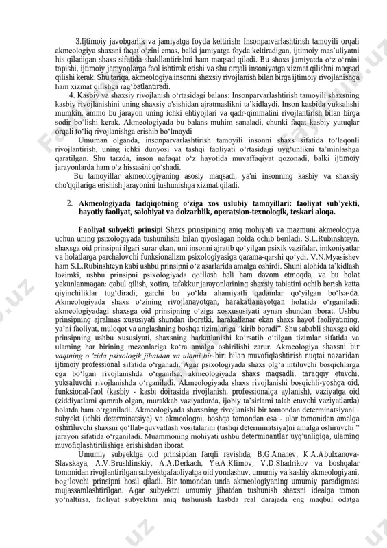 ntirish istagi rivojlanishning asosiy omillaridan biridir. bu jarayon o'z-o'zini anglash va o'z maqsadlarini aniq belgilash orqali amalga oshiriladi. insonning intellektual o‘sishi nafaqat ta'lim orqali, balki hayotiy tajribalar orqali ham shakllanadi. • kasbiy rivojlanish: insonning o‘z kasbida yuksalishi nafaqat tashqi ko'rsatkichlarga (lavozim, maosh, tan olinishi) bog‘liq, balki uning ichki o'zgarishlari, kasbga bo‘lgan munosabati, o'z-o'zini takomillashtirish qobiliyatiga ham bog'liq. bu rivojlanish jarayoni insonning shaxsiy fazilatlarini oshirish, kasbiy mahoratini chuqurlashtirish va yangi ko‘nikmalarni o‘zlashtirish bilan chambarchas bog‘liq. ichki o'zgarishlar: akmeologik rivojlanishda ichki o'zgarishlar asosiy harakatlantiruvchi kuch sifatida ko'riladi. bu o'zgarishlar quyidagilar orqali amalga oshiriladi: 1. o'z-o'zini anglash va boshqarish: inson o‘z ehtiyojlarini, imkoniyatlarini va qobiliyatlarini bilgan holda, maqsadga yo‘naltirilgan harakatlarni amalga oshiradi. o‘z- o‘zini anglash orqali inson o‘z hayotidagi qiyinchiliklarni yengib o‘tishga qodir bo‘ladi. 2. motivatsiya va maqsadni aniq belgilash: insonning kasbiy va intellektual rivojlanishi motivatsiyaning kuchi bilan uzviy bog‘liq. motivatsiya kuchli bo‘lsa, u o‘z maqsadlariga erishishda ichki zaxiralarini to‘la safarbar qiladi. ichki …