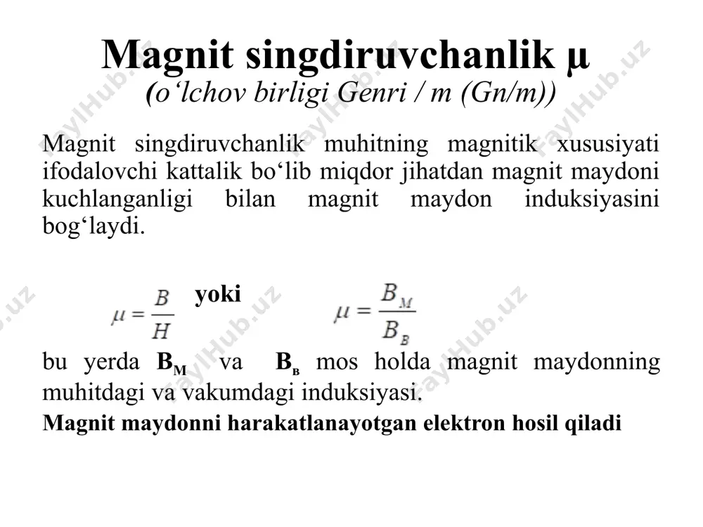 hi mexanik kuch yoʻnalishini aniqlaydigan qoida. agar chap qoʻlni magnit maydon kuchlanganligi kaftga tomon yoʻnaladigan qilib, ochilgan toʻrt barmoqni tok yoʻnalishi boʻyicha tutilsa, u holda bosh barmoq oʻtkazgichga taʼsir etuvchi kuch yoʻnalishini koʻrsatadi. magnit maydoni hosil qilish uchun galtaklar ishlatiladi galtak induktivligi 1 n 1 genri = 1 a x 1 m galtakdan 1 a tok utganda uning 1 m kismida 1 n kuch xosil bulsa bu galtakning induktivligi 1 genri (gn) deb kabul kilingan. magnit maydonining asosiy kattaliklari magnit maydon kuchlanganligi bio-savar-laplas qonuni o‘lchov birligi a/m 2. magnit oqimi f, o‘lchov birligi veber (vb); aktiv qarshiligi 1 om bo‘lgan konturdan 1 kulon zaryad o‘tganda hosil bo‘ladigan oqim. yoki magnit maydoni induksiyasining oqim o‘tayotgan yuzaga ko‘patmasi f = b s cosα 3. magnit maydon induksiyasi o‘lchov birligi tesla (tl) 4. muxitning magnit singdiruvchanligi µ = v/n ayrim moddalarning magnit singdiruvchanligi xavo, alyumin, volfram 1 yumshoq temir 8000 kobalt 175 cho‘yan …