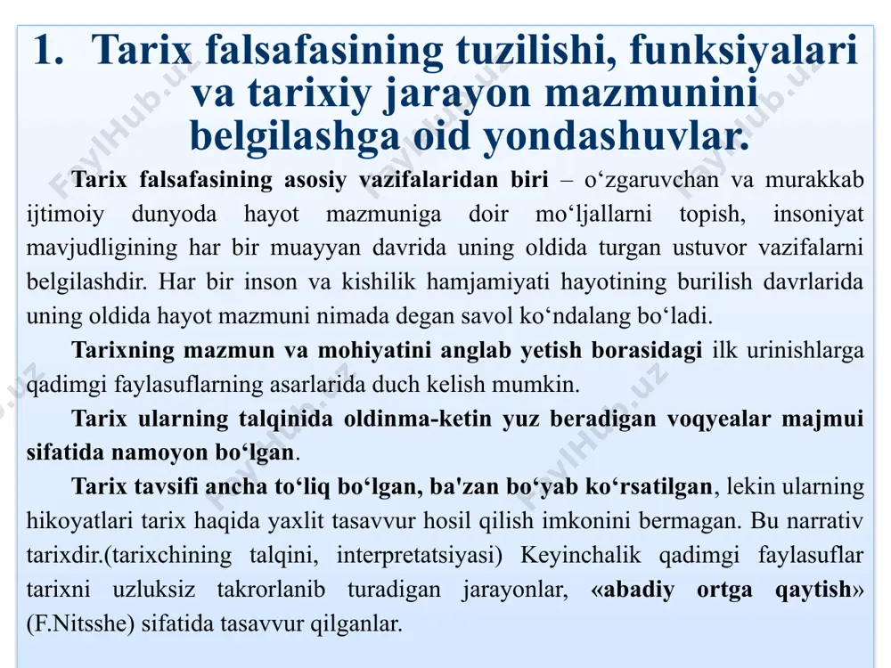 soslanadigan mazmun jihatidan bog‘lanishida ko‘radi. mazkur bog‘lanishning mavjudligini tarixning mazmunini aks ettiradigan dunyoviy vaqt o‘qi kafolatlaydi. u sharq va g‘arb madaniyatlarining umumiy asosi hisoblanadi. yaspers jahon tarixida tillarning vujudga kelishi, mehnat qurollari ixtiro qilinishi, olovdan foydalanishga kirishilishi kabi to‘rt bosqichini farqlaydi: vaqt o‘qining boshlanishi hindiston, xitoy, yunoniston, markaziy osiyo, eron buyuk madaniyatlari deyarli bir vaqtda vujudga kelgan miloddan avvalgi 800 va 200 yillar oralig‘idagi davrga mos keladi. yevropada fan-texnika davrining boshlanishi mazkur madaniyatlarning davomi (ma'lum ma'noda esa ularning ziddi) bo‘lgan. to‘rtinchi bosqichda insoniyatning birligi vujudga keladi. bu davrda jamiyat insonga munosib bo‘lgan asoslar va tamoyillarga muvofiq rivojlanadi. tarixiy jarayonlarning falsafiy tahlili bilan tarix falsafasi yoki istoriosofiya shug‘ullanadi. u mustaqil falsafiy fan sifatida o‘zining predmeti, kategoriyalar apparati va metodologik yondashuvlariga ega. ilk bor «tarix falsafasi» tushunchasini volter qo‘llagan. iogann gotfrid gerder (1744-1803) o‘zining «insoniyat tarixi falsafasiga doir g‘oyalar» (1784) asarida ilk bor barcha xalqlarni o‘z ichiga qamrab olgan yagona umuminsoniy kelajakka …