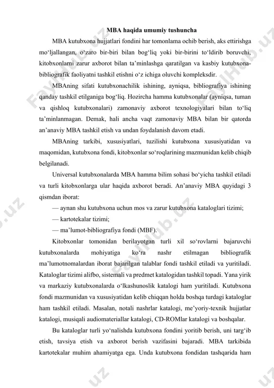 ni yoritib berish, uni targ‘ib etish, tavsiya etish va axborot berish vazifasini bajaradi. mba tarkibida kartotekalar muhim ahamiyatga ega. unda kutubxona fondidan tashqarida ham mavjud bo‘lgan juda katta mazmunda axborot to‘planadi. kartoteka turlari ham kutubxona xususiyatidan, kitobxonlar guruhlarining tarkibidan kelib chiqib tanlanadi. ko‘proq quyidagi kartotekalar tashkil etiladi: — umumiy yoki universal bibliografik kartotekalar: maqolalarning sistemali katalogi yoki bosh ma’lumot kartotekasi (bmk) yoki bosh axborot kartotekasi (bak); — mavzuli kartotekalar; — o‘lkashunoslik kartotekasi; — maxsus kartotekalar (badiiy asarlar sarlavhalarining kartotekasi, taqrizlar, shaxslarga oid, tasviriy san’at asarlari kartotekasi va boshqalar). kichik kutubxonalarda, asosan, alifbo va sistemali katalog, mavzuli kartotekalar tashkil qilingan. viloyat axborot-kutubxona markazlarida alifbo, sistemali, o‘lkashunoslik kartotekasi, badiiy asarlar sarlavhalari kartotekasi va mavzuli kartotekalar mavjud. oliy o‘quv yurti kutubxonalarida ham, asosan, alifbo va sistemali, predmet kataloglari va mavzuli kartotekalar tashkil etiladi. musiqa bo‘limlari mavjud kutubxonalarda qo‘shiqlar kartotekasi, izonashrlar kartotekasi, nashr etilmagan asarlar kartotekalari, xorijiy tillarda nashr qilingan asarlar yoki o‘zbek mualliflari …