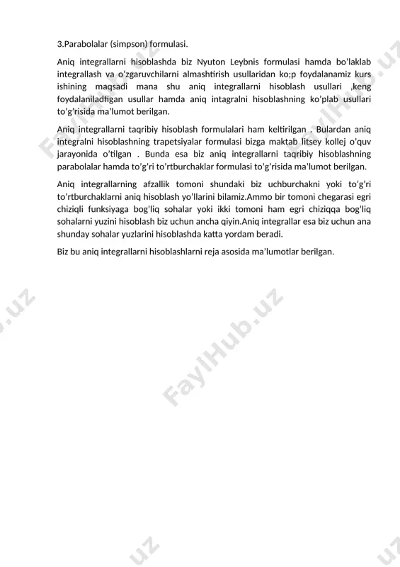ormulasi deb ataladi. f (x) dx integralni taqribiy ifodalovchi trapetsiyalar formulasining xatoligi ushbu (4.5) formula bilan hisoblanadi. 2.5. parabolalar (simpson) formulasi. bu holda [a,b] oraliqda aniqlangan va uzluksiz f(x) funktsiyaning dx integralini ralini taqribiy hisoblash uchun f(x) funktsiyani (a, f(a)), ()) xamda (b, f (b)) nuqtalardan utuvchi y = a +bx +c parabola nuktasining ordinatasi bilan almashtiramiz. berilgan (a, f(a)), ()) va (b, f(b)) nuqtalar orqali parabola o'tkazish mumkin. bunday parabola yagona buladi. haqiqatan xam, y = a +bx +c parabola yuqorida aytilgan nuqtalar orqali o't- gani uchun ushbu (5.1) tengliklar o'rinli bo’ladi. bu sistemaning koeffitsientlaridan tuzilgan determinant har doim noldan farqli (chunki a). demak, sistema yagona yechimga ega. bu xol (a, f(a)), ())va (b, f(b)) nuqtalardan yagona y = a +bx +c parabola o'tishini bildiradi. endi dx integralni berilgan dx integralning taqribiy qiymati deb quyidagi formulani hosil qilamiz bu taqribiy integralni hisoblaymiz: shunday qilib, dx integralni taqribiy hisoblash uchun …