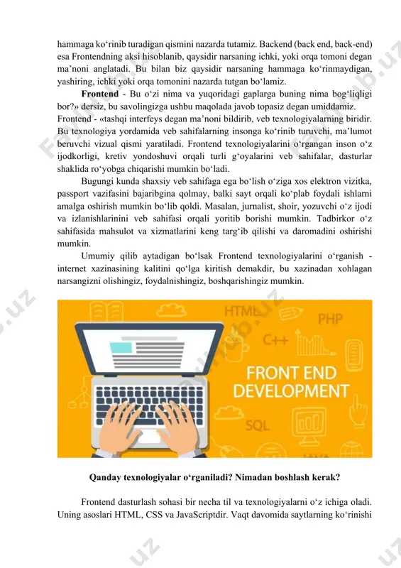 lindi. javascript haqida javascript nima? - bu savolga har xil javob berish mumkin. bu dasturlash tili, to‘g‘rirog‘i veb dasturlash tili, undan ham to‘g‘rirog‘i klient tomonda ishlaydigan dasturlash tili, ya’ni bu veb dasturlash tili ishlashi uchun hech qanday server kerak emas, oddiy brauzerda ishlayveradi. javascript veb dasturlash tilini qachon o‘rgangan ma’qul? - bu dasturlash tilini html, css kabilarni o‘rganib olgandan keyin boshlagan yaxshi. shunda o‘rganish ham oson bo‘ladi. ko‘pchilik darhol php veb dasturlash tilini o‘rganishni boshlab yuborishadi, keyin qiynalib qolishadi, mani fikrimcha dasturlash tilidan dastlab javascript’ni o‘rgangan yaxshi va yengil. javascript dasturlash tilining rivoji va kelajakdagi o‘rni qanday? - hozirgi kunda ushbu dasturlash tili dasturchilar orasida alohida xurmatga egadir. jumladan ushbu dastur yordamida web-sayt yaratish, telefonlar uchun dasturlar yaratish va boshqa muhim va katta dasturlash yaratiish mumkin. less va sass less va sass oldindan ishlov beruvchi freymvorklari css asosida yaratilgan bo‘lib, dasturchilar uchun css bilan ishlashda anchagina qulayliklar va qo‘shimcha imkoniyatlarni …