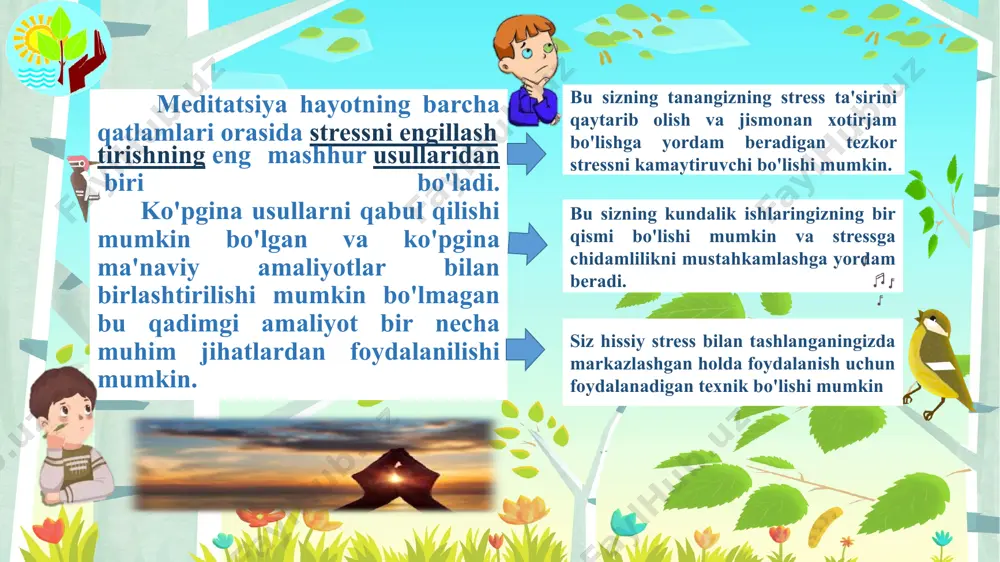 juda foydali, biroq tajribali meditatorlar har qanday joyda meditatsiya qilishlari mumkin. ko'plab meditatsiya amaliyotchilari unga ma'naviy yordam berishadi, lekin u ham dunyoviy mashq bo'lishi mumkin. meditatsiya nima bilan shug'ullanadi? stressni boshqarish uchun qanday fikr yuritish mumkin? kun davomida, biz stressni boshdan kechirganimizda, tanamiz jang qilish yoki chopishga tayyorgarlik ko'rish usullari bilan avtomatik tarzda javob beradi. bu sizning badaningizning stressli javobidir, aks holda sizning jangovar yoki parvozingiz javob sifatida ma'lum. ba'zi hollarda o'ta xavfli bo'lsa, bu jismoniy javob foydali bo'ladi. biroq, bunday ajitatsiya uzoq muddatli holat tananing har bir qismiga jismoniy shikast etkazishi mumkin. meditatsiya badanga stressni to'g'ridan-to'g'ri teskari yo'nalishda ta'sir qiladi - bu tananing yengillikka ta'sirini tetiklash orqali. vujudni osoyishtalik holatiga qaytaradi, badanga o'zini tiklaydi va stressning jismoniy oqibatlaridan yangi zarar etkazadi. bu sizning tanangizni va jasadini tinchlantirish uchun stressni keltirib chiqaradigan fikrlarni bekor qilib, tanangizning stress ta'sirini saqlab turadi. meditatsiya bilan shug'ullanadigan to'g'ridan-to'g'ri jismoniy yengillikning elementi ham bor, shubhasiz, …