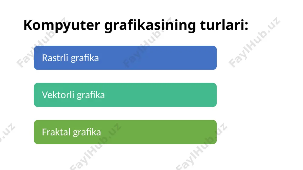 uch o`lchovli 3d modellashtirish, animasiya va namoyish dasturlari ko`p tarqaldi. shu davrda ishlab chiqilgan dasturlardan discreet kompaniyasining 3d studio max yoki alias wavefront kompaniyasining java dasturlari o`z mohiyatlari bo`yicha gibrid grafik paketlardir. chunki ular bir tomondan 2d va 3d vektorli ob`ektlar bilan ishlash imkoniyatini bersa, ikkinchi tomondan ish natijasidan pikselli (rastrli) tasvir - alohida kadr sifatida yoki videotasmada olinadi. 3d modellashtirishning xususiyatlari va ularda animasiya harakatlarni qo`shish imkoniyati ularga bo`lgan qiziqishni keskin oshirib yuboradi. qo’llanish soxalari namoyish effektlarini kino va video industriyada televizion tijoratda (reklamada) interaktiv o`yinlarda sanoat va arxitektura dizaynida (bezashda) ilmiy, tibbiy va sud namoyishlarida o`rgatuvchi dasturlar grafikani tashkil etish uch o`lchovli grafika bilan ishlaganda, shakllar hosil qilinadigan fazoga alohida e`tibor berish kerak. bu holda an`anaviy 2d - tekislik uch o`lchovli grafika maqsadlariga to`g`ri keltiriladi. 3d - grafikada ishchi fazoni shunday ifodalash kerakki, unda nafaqat modellashtirilayotgan uch o`lchovli geometrik shaklni, balki uning geometrik joylashishi va holati hisobga olinishi …