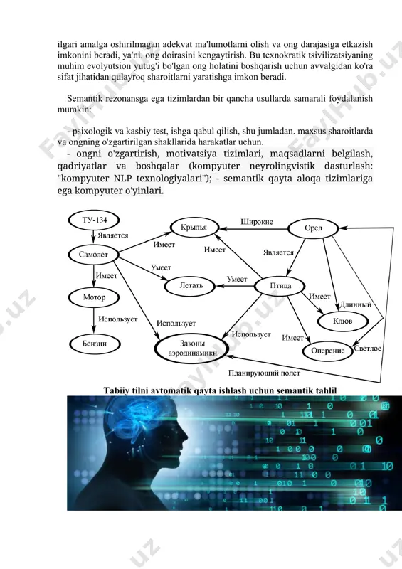ura va boshqa ko'plab holatlarga bog'liq). 3. foydalanuvchining ogohlantiruvchi materialga ongsiz reaktsiyasi haqida ma'lumot olish uchun uni ongli testdan ko'ra ancha yuqori tezlikda taqdim etish mumkin. 4. ongsiz test yordamida foydalanuvchi uning amalga oshirilayotganini bilmasligi ham mumkin. bularning barchasi birgalikda semantik rezonansga ega tizimlar odamning ong holati, motivatsiya tizimlari, maqsadlarni belgilash, qadriyatlar va boshqalar haqida ilgari amalga oshirilmagan adekvat ma'lumotlarni olish va ong darajasiga etkazish imkonini beradi, ya'ni. ong doirasini kengaytirish. bu texnokratik tsivilizatsiyaning muhim evolyutsion yutug'i bo'lgan ong holatini boshqarish uchun avvalgidan ko'ra sifat jihatidan qulayroq sharoitlarni yaratishga imkon beradi. semantik rezonansga ega tizimlardan bir qancha usullarda samarali foydalanish mumkin: - psixologik va kasbiy test, ishga qabul qilish, shu jumladan. maxsus sharoitlarda va ongning o'zgartirilgan shakllarida harakatlar uchun. - ongni o'zgartirish, motivatsiya tizimlari, maqsadlarni belgilash, qadriyatlar va boshqalar (kompyuter neyrolingvistik dasturlash: "kompyuter nlp texnologiyalari"); - semantik qayta aloqa tizimlariga ega kompyuter o'yinlari. tabiiy tilni avtomatik qayta ishlash uchun semantik …