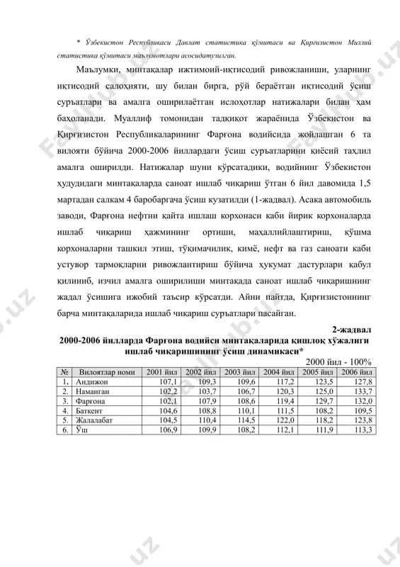 т жараёнида ўзбекистон ва қирғизистон республикаларининг фарғона водийсида жойлашган 6 та вилояти бўйича 2000-2006 йиллардаги ўсиш суръатларини қиёсий таҳлил амалга оширилди. натижалар шуни кўрсатадики, водийнинг ўзбекистон ҳудудидаги минтақаларда саноат ишлаб чиқариш ўтган 6 йил давомида 1,5 мартадан салкам 4 баробаргача ўсиш кузатилди (1-жадвал). асака автомобиль заводи, фарғона нефтни қайта ишлаш корхонаси каби йирик корхоналарда ишлаб чиқариш ҳажмининг ортиши, маҳаллийлаштириш, қўшма корхоналарни ташкил этиш, тўқимачилик, кимё, нефт ва газ саноати каби устувор тармоқларни ривожлантириш бўйича ҳукумат дастурлари қабул қилиниб, изчил амалга оширилиши минтақада саноат ишлаб чиқаришнинг жадал ўсишига ижобий таъсир кўрсатди. айни пайтда, қирғизистоннинг барча минтақаларида ишлаб чиқариш суръатлари пасайган. 2-жадвал 2000-2006 йилларда фарғона водийси минтақаларида қишлоқ хўжалиги ишлаб чиқаришининг ўсиш динамикаси* 2000 йил - 100% № вилоятлар номи 2001 йил 2002 йил 2003 йил 2004 йил 2005 йил 2006 йил 1. андижон 107,1 109,3 109,6 117,2 123,5 127,8 2. наманган 102,2 103,7 106,7 120,3 125,0 133,7 3. фарғона 102,1 107,9 …