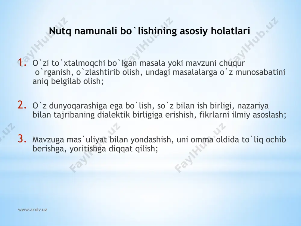 so`zlaydigan ezma – kachalari tong otguncha tinmay xuradigan itga o`xshaydi. 3. xushsuxan odam yumshoqlik bilan do`stona so`z aytadi: ko`ngilga tushishi mumkin bo`lgan yuz g`am – uning so`zi bilan daf bo`ladi. so`zda har qanday yaxshilikning imkoni bor. www.arxiv.uz … hamma qobiliyatlardan eng yaxshisi nutq qobiliyatidir… nutqni juda yaxshi va san`atkorona o`rganib ol, doimo gapga chechan bo`lishga harakat qil… nutqi shirin kishining mehribon kishilari ham ko`p bo`ladi. ( kaykavus.) www.arxiv.uz e`tiboringiz uchun raxmat! www.arxiv.uz