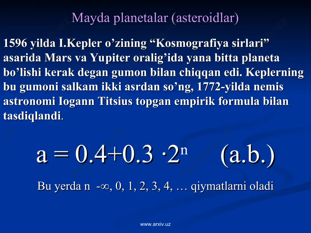 hfiyotchisi www.arxiv.uz www.arxiv.uz transneptun obyektlarilarning vakillari “xena” - www.arxiv.uz www.arxiv.uz www.arxiv.uz www.arxiv.uz www.arxiv.uz www.arxiv.uz сайёра таърифи 1. сайёра - қуёш атрофида айланувчи осмон жисми. шарсимон шаклда бўлиши керак ёки бу шаклни эгаллаши учун у етарлича катта ва салмоғли бўлиши ҳамда унинг орбитаси яқинида ўлчами уникига яқин жисм бўлмаслиги керак. сайёралар сони 8 та: меркурий, венера, ер, марс, юпитер, сатурн, уран ва нептун. бу гурухга «классик сайёралар» деган ном ҳам берилди. www.arxiv.uz www.arxiv.uz митти сайёралар таърифи 2. митти сайёралар - қуёш атрофида айланувчи осмон жисмлари бўлиб, қаттиқ жисм кучларидан устун бўлган ўз-ўзидан гравитацияланиш таъсирида шарсимон шаклни эгаллаши учун у етарлича катта ва салмоғли бўлиши керак. улар бошқа сайёраларнинг йўлдоши бўлмаслиги керак. ўз орбитаси яқинида ўлчами уникига ўхшаш жисм бўлиши мумкин. митти сайёралар плутонга ўхшаш бўлиб, уларнинг энг йириги эрида (2003 ub313)дир. плутон, харон, седна ҳамда энг катта астероид церера қам митти сайёралар орасидан муҳим жой олди. www.arxiv.uz www.arxiv.uz www.arxiv.uz www.arxiv.uz sayyoralarning …