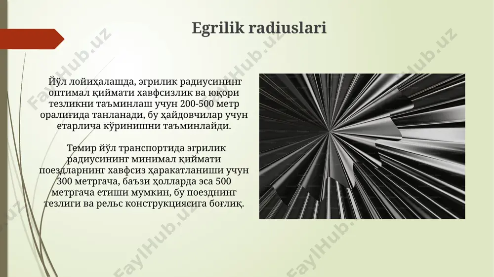 rdamida ko'p nuqtadan o'tuvchi silliq egri chiziqlar yaratish mumkin. egri chiziqlar va geometriya parabolik egri chiziqlarning ikkinchi darajali tenglamalar bilan ifodalanishi ularning geometrik xossalarini, masalan, fokus va direktrisani aniqlashda muhim rol o'ynaydi. egrilik radiusi 2 ga teng bo'lgan aylana yoyining uzunligini hisoblash uchun integral hisoblash usullaridan foydalaniladi, bu esa geometrik shakllarni aniq o'lchashga imkon beradi. egri chiziqlarning turlari egrilik radiusiga ko'ra egri chiziqlar 3 turga bo'linadi: juda katta, o'rtacha va kichik radiusli chiziqlar. bu radius qiymatining o'lchamlariga bog'liq. spiral shaklidagi egri chiziqlar, logarifmik spiral kabi, o'zgaruvchan egrilik radiusini namoyish etadi va tabiatda tez-tez uchraydi, masalan, ba'zi dengiz qobiqlarida. kompyuter grafikasida egri chiziqlar kompyuter grafikasida egri chiziqlarni ifodalash uchun 2d va 3d koordinatalar sistemasidan foydalaniladi, bu esa vektor grafikasi va 3d modellashtirishda murakkab shakllarni aniq va samarali yaratishi mumkin. b-spline egri chiziqlari, bezier egri chiziqlariga qaraganda murakkabroq bo'lib, 3-darajali yoki undan yuqori darajadagi polinomlardan foydalanadi va ko'p sonli nazorat nuqtalari bilan …