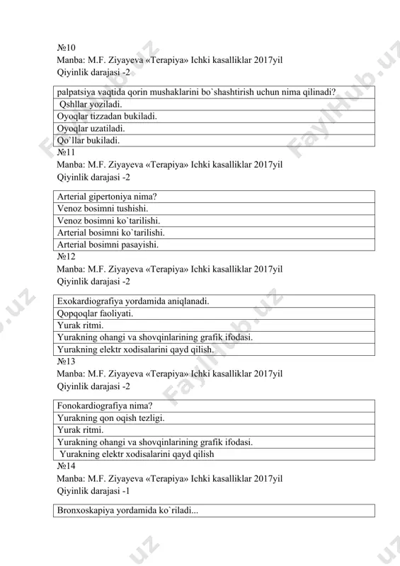 2017yil qiyinlik darajasi -2 o`pkaemfizemsidanurbilantekshirishningishonchliusuli: rentgenoskopiya bronxografiya kt mrt №40 manba: m.f. ziyayeva «terapiya» ichki kasalliklar 2017yil qiyinlik darajasi -3 yurakchegaralarinichapgasiljishi, yurakchukkisida i tonvaaortada ii tonsusayishi, aortadadiastolikshovqin, ad : 130/20 mm.rt.st. bubelgilarqaysiillatgaxos: aortal yetishmovchilikka mitral yetishmovchilikka aortalstenozga trikuspidal yetishmovchilikka №41 manba: m.f. ziyayeva «terapiya» ichki kasalliklar 2017yil qiyinlik darajasi -3 xoletsistit asoratlari: gepatit, pankreatit, opt pufagida tosh hosil boplishi piyelonefrit, glomerulonefrit enterit, kolit yarali kolit №42 manba: m.f. ziyayeva «terapiya» ichki kasalliklar 2017yil qiyinlik darajasi -1 xafakonkasalliginingiidarajasidabemorniobhektivtekshiruvidaaniqlanadi: yurakasosidasistolikshovqin aortadaiitonaktsenti yurakchegaralarinikichrayishi yurakchegaralarinichapgasiljishi №43 manba: m.f. ziyayeva «terapiya» ichki kasalliklar 2017yil qiyinlik darajasi -3 obpyektiv tekshirish usullarini sanang: 1.utt 2.endoskopiya 3.siydik tahlili 4.surtma olish 5.kopzdan kechirish 6.auskultasiya 7.palpatsiya 8.perkussiya 5678 1234 1357 2468 №44 manba: m.f. ziyayeva «terapiya» ichki kasalliklar 2017yil qiyinlik darajasi -2 o`pka rakida qo`llaniladigan asosiy tekshiruv metodlardan biri biopsiya ekg rengten bronxoskopiya №45 manba: m.f. ziyayeva «terapiya» ichki kasalliklar 2017yil qiyinlik darajasi -2 es-hushning buzilish darajalarini sanab bering. stupor, …