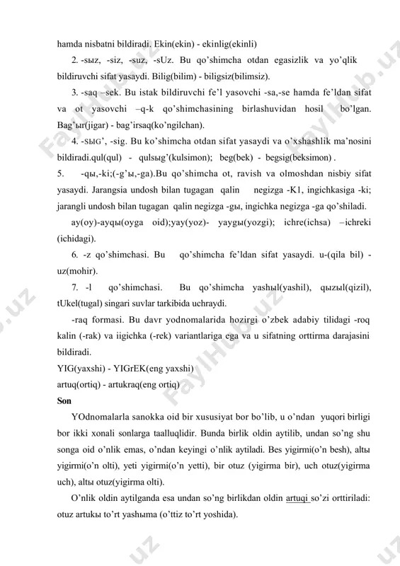 nida bashtыnkы yoki ilki va ikkinchi o’rnida ikiti ishlatiladi. jamlov qo’shimchasi -atu, egu shakliga ega: altы(olti) -altaru(oltov); uch(uch) - uchegu(uchov). taqsim formasi -(r)-ar, -(r)-er -qo’shimchasi bilan yasaladi: bir(bir) - birer(bittzdan) uch(uch) - ucher(uchtadan) altы(olti) - altыrar(oltitadan) iki(ikki) - ikirer(ikkitadan). olmosh qadimgi turkiy tildagi olmoshlar quyidagi xususiyatlarga a ga: 1. o’zlik olmoshi, o z dan tashqari, kentu(kendu) so’zi bilan ham ifodalanadi. oz aslida ot bo’lib, u "nafs" va "jon" ma’nolarida ishlatilgan. oz olmoshi aniqlovchi vazifasida kelib, aniqlanayotgan , predmetning ma’lum shaxsga qarashliligini, xosligini ta’kidlab ko’rsatadi. masalan, iusuf kozыge baqdы, oz yo’zini kordi. 2.kishilik olmoshi.kishilik olmoshlari qadimgi turkiy tilda quyidagicha ko’rinishda bo’ladi: i shaxs birligi - men ii shaxs birligi - sen iii shaxs birligi - ul i shaxs kunlik - biz, bizlar ii shaxs ko’pliq sыz formasi ba’zan ii shaxs birlik ma’nosida qo’llanib tinglovchiga nisbatan hurmat bildiradi. iii shaxs ko’pligi - ular,alar, anlar. xsh-xiv asrlarda asosan ular, anlar formalari qo’llangan. xv …