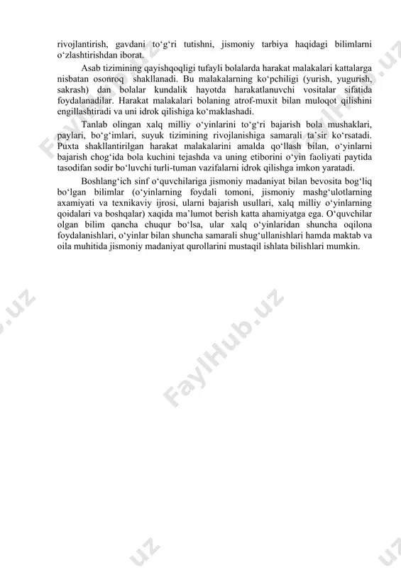 kli jihozlar: jismoniy madaniyat tizimidagi barcha soha va bosqichlarning birdan-bir va yagona maqsadi-insonni to‘g‘ri yashashga tayyorlashdir. boshlang‘ich sinf o‘quvchilari jismoniy tarbiyasining vazifalari bolalarning yoshiga xos xususiyatlarini hisobga olgan holda aniqlanadi, lekin bunda jismoniy madaniyatning umumiy maqsadi ko‘zdan qochirilmaydi. maktabda boshlang‘ich sinf o‘quvchilari jismoniy tarbiyasida sog‘lomlashtirish, ta’lim berish va tarbiya berish vazifalarini amalga oshirish ko‘zda tutiladi. xalq milliy o‘yinlari orqali bu vazifalarni yaxlit holda bajarish imkoniyatlari ko‘proq ko‘rinadi. 1.sog‘lomlashtirish vazifalari. 7-8 yoshli ya’ni boshlang‘ich sinf o‘quvchilari jismoniy tarbiyasining eng asosiy vazifasi bola hayotini muhofaza qilish va uning sog‘ligini mustahkamlash, uning organizmini chiniqtirish yo‘li bilan o‘zini himoya qilish va turli kasalliklarga chidamlilik xislatlarini oshirish, tashqi muhitning noqulay sharoitlariga bardosh berishga o‘rgatishdan iborat. bulardan tashqari bolalarda har qanday ishga layoqatlilik xususiyatini oshirish juda muhim ahmiyatga ega. bola organizmining rivojlanishi o‘ziga xos xususiyatga ega bo‘lgani sababli, uning vazifalariancha aniqroq shaklda ifodalanadi: bola suyagining behato va o‘z vaqtida qotishiga, orqa umurtqadagi egik joylarning shakllanishiga, tovon …