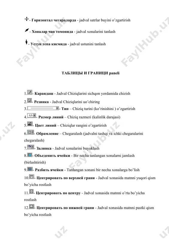 0 - xotirada joylashgan matn qismini chiqarib kursor turgan joyiga quyish 11. ctrl + a, ёки ctrl + num5 - butun matnni tanlash 12. ctrl + f - butun matnda biror bir so’z yoki jumlani izlash 13. ctrl + h - butun matnda biror bir so’z yoki jumlani topib uning o’rniga boshqa so’z yoki jumla bilan almashtirish 14. delete - tanlab olingan matn qismi yoki kursordan o’ng tomonda joylashgan belgilarni uo’chirish 15. f7 - butun matnning imlo xatolarini tekshirish 16. shift + f7 - tanlangan so’zning sinonimlarini topish 17. f12 - ekranda ochiq bo’lgan faylni qayta nomlash 18. alt + ctrl + i - bosmaga tayyorlangan hujjatni sahifaga joylashishini oldindan ko’rish 19. ctrl + e - matnni (kursor turgan abzatsni) markaz bo’yicha tekkislash 20. ctrl + l - matnnni (kursor turgan abzatsni) chap chegara bo’yicha tekkislash 21. ctrl + r - matnnni (kursor turgan abzatsni) o’ng chegara bo’yicha tekkislash 22. …