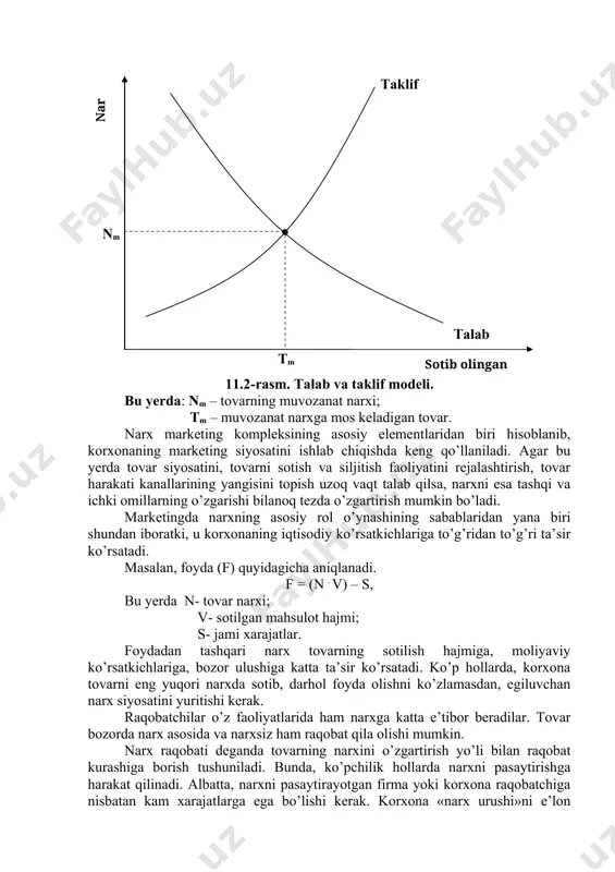 anishida umumiy oriyentir bo’lib xizmat qiladi. taklifnarx nm talab tmsotib olingan tovar 11.2-rasm. talab va taklif modeli. bu yerda: nm – tovarning muvozanat narxi; tm – muvozanat narxga mos keladigan tovar. narx marketing kompleksining asosiy elementlaridan biri hisoblanib, korxonaning marketing siyosatini ishlab chiqishda keng qo’llaniladi. agar bu yerda tovar siyosatini, tovarni sotish va siljitish faoliyatini rejalashtirish, tovar harakati kanallarining yangisini topish uzoq vaqt talab qilsa, narxni esa tashqi va ichki omillarning o’zgarishi bilanoq tezda o’zgartirish mumkin bo’ladi. marketingda narxning asosiy rol o’ynashining sabablaridan yana biri shundan iboratki, u korxonaning iqtisodiy ko’rsatkichlariga to’g’ridan to’g’ri ta’sir ko’rsatadi. masalan, foyda (f) quyidagicha aniqlanadi. f = (n . v) – s, bu yerda n- tovar narxi; v- sotilgan mahsulot hajmi; s- jami xarajatlar. foydadan tashqari narx tovarning sotilish hajmiga, moliyaviy ko’rsatkichlariga, bozor ulushiga katta ta’sir ko’rsatadi. ko’p hollarda, korxona tovarni eng yuqori narxda sotib, darhol foyda olishni ko’zlamasdan, egiluvchan narx siyosatini yuritishi kerak. raqobatchilar …