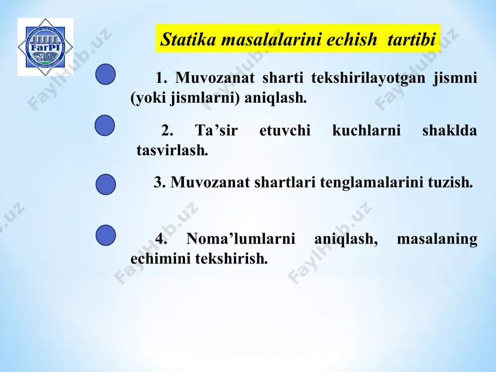 tekislikda joylashgan ixtiyoriy kuchlar sistemasining muvozanati - Page 5
