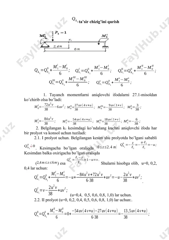 olingan): 2. belgilangan k2 kesimdagi ko’ndalang kuchni aniqlovchi ifodani har bir prolyot va konsol uchun tuziladi: 2.1. i, ii, iii prolyotlar va konsol uchun. (u=0, 0,2, 0,4); (u=0,4, 0,5, 0,6, 0,8); hisoblangan ordinatalar quyidagi jadvalda berilgan u v i prolyot ii prolyot iii prolyot konsol 0 1,0 0 0 0 0,2 0,8 0,010105 -0,14442 -0,06063 0,4 0,6 0,030316 -0,35958 -0,08084 0,64042 0,5 0,5 0,039474 0,519737 -0,07895 0,6 0,4 0,045474 0,397474 -0,07074 0,8 0,2 0,040421 0,169684 -0,04042 1,0 0 0 0 0 jadvaldagi qiymatlar bo’yicha ta’sir chizig’i chiziladi (5.24,v-shakl). ta’sir chizig’ini qurish. 1. tayanch momentlarni aniqlovchi ifodalar tuziladi (27.1-misoldan ko’chirib olingan): 2. belgilangan k3 kesimdagi ko’ndalang kuchni aniqlovchi ifodani har bir prolyot va konsol uchun tuziladi: 2.1. i, ii, iii prolyotlar va konsol uchun. (u=0, 0,2, 0,4, 0,5, 0,6) (u=0,6, 0,8, 1,0) hisoblangan ordinatalar quyidagi jadvalda berilgan: u v i prolyot ii prolyot iii prolyot konsol 0 1,0 0 0 0 …