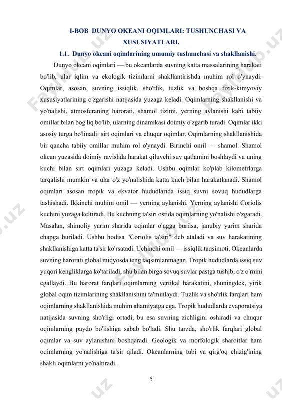 imlaridan farq qiladi, chunki ular pastki qatlamlarda joylashgan va ular asosan suvning zichligi, sho'rlik va harorat farqlari ta'sirida yuzaga keladi. chuqur oqimlar juda sekin harakat qiladi, ammo ular okeanlarning katta qismlarini qamrab oladi. ularning harakati vertikal bo'lib, global miqyosdagi suv aylanishini tashkil etadi. dunyo okeanining global oqim tizimi termohalin aylanishi deb ataladigan jarayon bilan bog'liq. bu tizim suvning issiqlik va sho'rlik farqlari asosida tashkil topadi. oqimlar, masalan, tropik hududlarda issiq suvlarni ekvator yaqinidan sovuq hududlarga tashishadi, shu bilan birga sovuq suvlar pastki qatlamlarga ko'tarilib, o'z o'rnini bosadi. ushbu jarayonlar iqlimning shakllanishida muhim rol o'ynaydi. tropik oqimlar, asosan, issiq suvlardan tashkil topgan va ularning ta'siri quruqlikdan uzoqda joylashgan hududlarga etkaziladi. antarktida va sibir oqimlari, o'z navbatida, qutb hududlaridan suvni tropik va ekvator hududlariga olib boradi. ushbu oqimlar o'zaro aloqada bo'lib, global iqlim tizimlarida katta o'rin tutadi. okean oqimlarining ahamiyati juda katta. ular iqlimni shakllantiradi, biotizimlarni qo'llab-quvvatlaydi va dengiz hayoti uchun zarur …