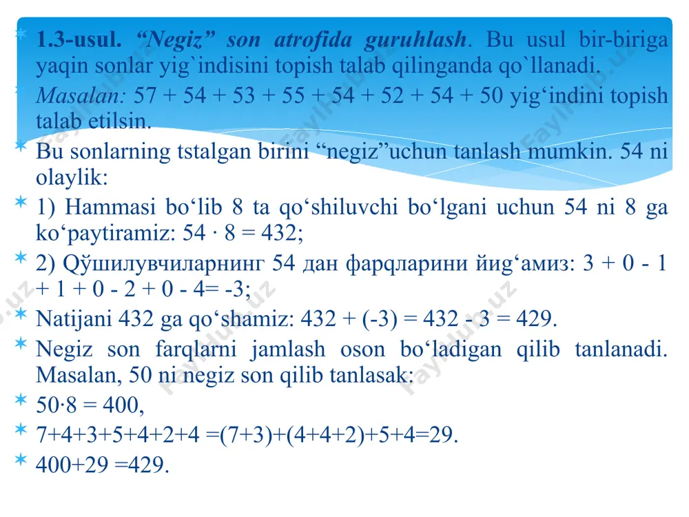080 000 :2) : 2 = 2 040 000 : 2 = 1 020 000. 3.9 - qoida. 125 ∙ 𝟏𝟎 𝒏 ga ko’paytirish (n ≥ 0). sonni 125 ∙ 10 𝑛 ga ko’paytirish uchun, uni 10ga ko’paytirib natijani 8ga bo’lish kifoya. qoidaning isboti 3.5 qoidasiga o’xshash. 3.3-usuldagi kichkina o’zgarishlar 75 ga bo’lishning qoidasini shakllantiradi. 3.10 - qoida. 75 ga ko’paytirish. sonni 75ga ko’paytirish uchun, uni 4ga bo’lib, bo’linmani 3ga ko’paytirib va natijani 100ga ko’paytirish kifoya. misol. 804 ∙ 75 = (804 : 4) ∙ 3 ∙ 100 = 201 ∙ 3 ∙ 100 = 603 ∙ 100 = 60 300. a : 2. (а: 2) ∙ 100 + (а : 2) ∙ 10 ifodasi, qoidaga asoslanib sodda 55 a shakliga ega bo’ladi. demak, а ∙ 55 = (а : 2) ∙ 100 + (а : 2) ∙ 10. shuni isbotlash talab qiling an edi. misol. 968 ∙ 55 = …