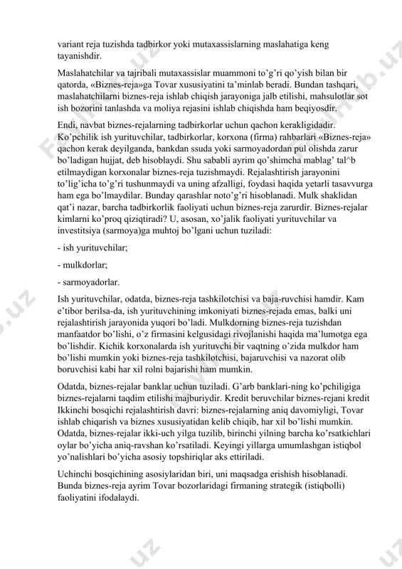 kimlar ishlab chiqishi borasida har xil fikrlar yuradi. ayrimlari korxona rahbarining ishi, chunki u bunga mutaxassis va konsul-tantlar yordamidan foydalanish imkoniyatiga ega, deb hisoblaydi. boshqa bir fikr shundan iboratki, biznes-reja tuzishda korxona ishchilarini keng jalb etish mumkin. agar korxona jamoasi o’zlari mustaqil ishlab chiqsa, «o’zing tuzdingmi — o’zing bajar» tamoyili asosida ancha oson bo’ladi. biznes-rejani tuzishning aniq yo’llari bu — maqsadni aniqlash, rejalashtirish davrini belgilash, rahbar shaxsi, korxona xodimlarini ishiga loyiqligini baholash, ularni tajribasiga tayanish, bilimi va boshqalar hisoblanadi. agar siz o’z ishingizni (loyihangizni) yaxshi bilsangiz, axborot bilan to’la tanishgan bo’lsangiz, unda sizga «biznes-reja» tuzib chiqish unchalik murakkab emas. ammo bu jarayonga mutaxassis jalb etish, ular fikrini hisobga olish, reja sifatini oshishiga olib keladi. hozirgi kundagi tajriba shuni ko’rsatadiki, eng to’g’ri variant reja tuzishda tadbirkor yoki mutaxassislarning maslahatiga keng tayanishdir. maslahatchilar va tajribali mutaxassislar muammoni to’g’ri qo’yish bilan bir qatorda, «biznes-reja»ga tovar xususiyatini ta’minlab beradi. bundan tashqari, maslahatchilarni biznes-reja ishlab …