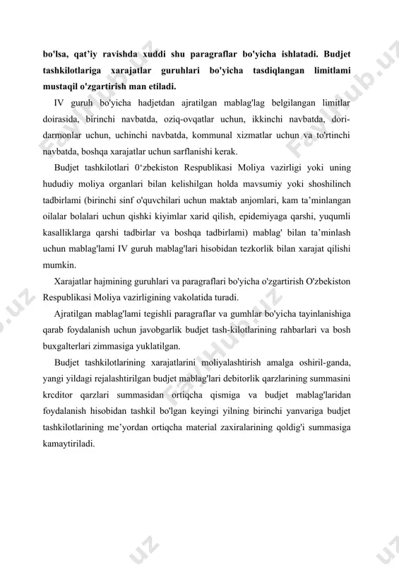 djet tashkilotlarida moliyalashtirish hisobi budjet tashkilotlari bevosita respublika budjetidan yoki mahalliy budjetlardan moliyalashtiriladi. budjetdan moliyalashtirish tasdiqlangan smetalarga muvofiq xarajat qilish uchun tashkilotlarga davlat mablag'i berilishini anglatadi. budjetdan xo'jalik yurituvchi subyektlarga va budjet tashkilotlariga faqat budjet bo'yicha tasdiqlangan summalar doirasidagina mablag' beriladi. alohida tadbirlarga budjet bo‘yicha tasdiqlangan xarajatlar summalari budjet mablag‘lari yoki ajratmalari deb ataladi. tashkilotlami budjetdan moliyalashtirish bank muassasalari orqali amalga oshiriladi. budjetdan moliyalashtirish deganda budjet mablag'larini tasarruf qiluvchilarga budjet bo'yicha tasdiqlangan xarajatlarga budjetdan mablag1 berilishi tushuniladi. respublika budjetida turuvchi budjet mablag'larini ikkinchi darajadagi tasarruf qiluvchilar budjet mablag'larini uchinchi darajadagi tasarruf qiluvchilarga budjet mablag'larini bosh tasarruf qiluvchilar amalga oshirgan tartibda o'tkazishni amalga oshiradi. budjet mablag'larini bosh tasarruf qiluvchilar moliyalashtirishni hisobga olish uchun birinchi tartibli (sintetik) 23-«moliyalashtirish» schyotini qo'llaydi. bu birinchi tartibli (sintetik) schyot quyidagi ikkinchi tartibli schyotlarga (subschyotlarga) bo'linadi: 230 - «tashkilot xarajatlari va boshqa tadbirlar uchun budjetdan moliyalashtirish» subschyoti; 231 - «kapital qo'yilmalami budjetdan moliyalashtirish» subschyoti; 232 - «boshqa …