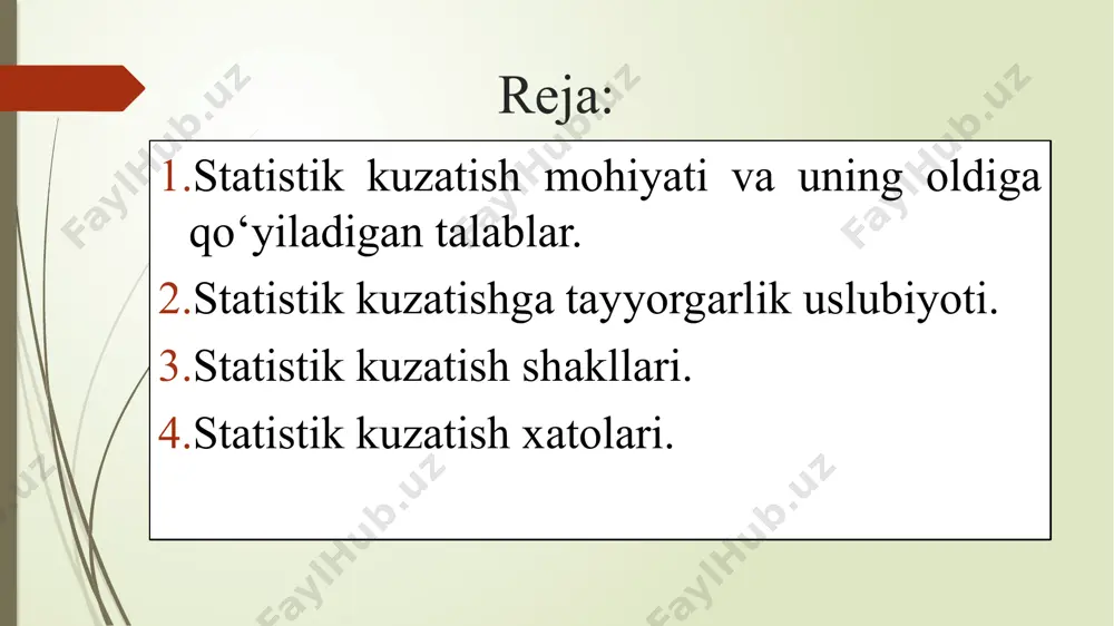 a mos kelishi. butun statistik kuzatish uslubi, uni tashkil etish va amalga oshirish yo‘li ma’lumotlarning aniqligini ta’minlashga qaratilgan bo‘lishi kerak. ma’lumotlarni to‘liqligi, demak, kuzatish jarayonida hamma obyektlarni, birliklarni qamrab olish, har biri haqida barcha ko‘zlangan ma’lumotlarni to‘plashdir. ayrim hodisalar haqidagi ma’lumotlar bir-birlari bilan taqqoslama, ya’ni vaqt, joy, hudud va uslub jihatidan yagonaviylikka, tuzilish o‘xshashligiga ega bo‘lishi, bir vaqtda va ma’lum makon chegarasida hamda yagona metodikada to‘planishi kerak. bundan tashqari, boshqa va oldin bajarilgan tekshirishlar bilan solishtirmaligi ta’minlanishi lozim, aks holda hodisa dinamikasi haqida to‘g‘ri xulosa chiqarib bo‘lmaydi. 2. statistik kuzatishga tayyorgarlik uslubiyoti statistik kuzatishda nima uchun? degan savolga kuzatish maqsadi va vazifalari, nima? degan savolga esa kuzatish obyekti, uning birligi va dasturi, statistik formulyarlar va ularni tuzish uchun yo‘riqnomalar javob beradi. kim? kuzatish subyekti, qachon? deganda kuzatish vaqti, qayerda? deganda kuzatish joyi, qanday qilib? deganda kuzatish usullari va turlari, qancha? deganda kuzatish belgilarining miqdoriy ifodalanishi nazarda tutiladi. bular statistik kuzatishning …