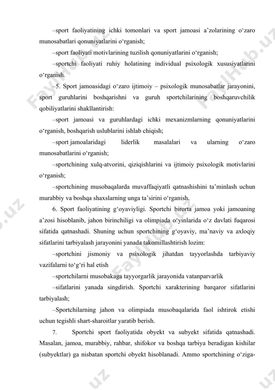 qatnashadi. masalan, jamoa, murabbiy, rahbar, shifokor va boshqa tarbiya beradigan kishilar (subyektlar) ga nisbatan sportchi obyekt hisoblanadi. ammo sportchining o‘ziga-o‘zi ongli munosabatda bo‘lishi subyekt vazifasini bajaradi. bularning barchasi uning sportdagi mahoratini takomillashtirish imkoniyatini beradi. sport faoliyati ikki guruhdan tashkil topgan -bo‘ladi: – sport mashqlari; – sport musobaqalari. 8. sport faoliyatining motivlari. motiv psixologik tushuncha bo‘lib, inson ichki sifatlarining aniq bir faoliyat turiga nisbatan uyg‘onishidir. motivlar har xil bo‘ladi: · sport musobaqalarining faoliyat motivlari; · axloqiylik, intizomlilik (burch, vatanparvarlik) motivlari; · ishontirish motivlari; · sportchining raqibiga munosabat motivlari; · murabbiy va tomoshabinlarga bo‘lgan motivlar; · musobaqalashish motivlari; · gigiyena va ozodalik motivlari; · rag‘batlantirish motivlari kabilar. masalan, inson nimalarni xohlaydi, nimalarga qodir, nimalarga intiladi, u qanday kishi, nima uchun bu ishni bajaradi, talaba nima uchun sport bilan shug‘ullanadi. motivlarning faolligi, yo‘nalishi sportchining to‘siqlarni yengib o‘tishida namoyon bo‘ladi. bular faqat sportchining irodaviy faolligi yordamida bajariladi. hozirgi davrda sport psixologiyasi fani sportchilar va …