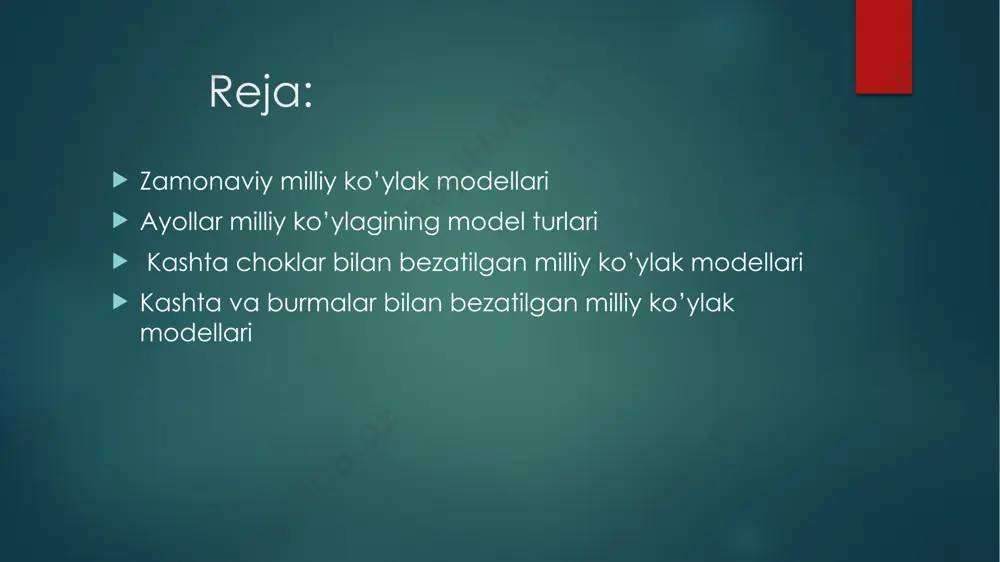 kesmalar, tesmalar, kashta choklar ba munchoq (biserlar)lar bilan bezab tikish mumkin. burmalar modelga binoan asosiy gazlamadan, bezak gazlamadan, kontrast rangli gazlamadan yoki gazlama gullari ranglaridan biri aks etgan sidirg’a gazlamadan bichilgan bo’lishi mumkin. qo’yida turli bichimdagi ba shakldagi zamonaviy milliy ko’ylak namunalarini tabsifini keltiramiz. munchoqlar bilan bezatilgan milliy ko’ylak modellari . bufflar va burmalar bilan bezatilgan milliy ko’ylak modellari.. kashta va burmalar bilan bezatilgan milliy ko’ylak modellari 2, 3- rasmlarda milliy ko’ylak koketkalarining turli tuman ko’rinishdagi yoqa o’mizlari va bichimlarini tavsiya etamiz. bu turli ko’rinishdagi koketkalarni kishi gavdasi, yoshi, gazlama turiga binoan hamda, kiyilish joyiga qarab tanlanishi shart. ko’pincha yosh xotin qizlarimiz murakkab, bejirim bichimdagi koketka turlarini tanlashadi. chunki yoshlar xar doim go’zallikka, qiziqarli yechimlarga ega bo’lgan kiyimlarni kiyimlarni tanlashadi. bu ularni qiziqqonligidan, yoshligidan dalolat beradi. agar gazlama elastik, cho’zilubchan bo’lsa koketka o‘tkir burchakli bo’lmasligi kerak. chunki unga qanchalik qotirmalik gazlama yopishtirilmasin, burchaklari egilib chiroyli ko’rinish bermaydi. qattiq, mustahkam o‘rilishdagi …