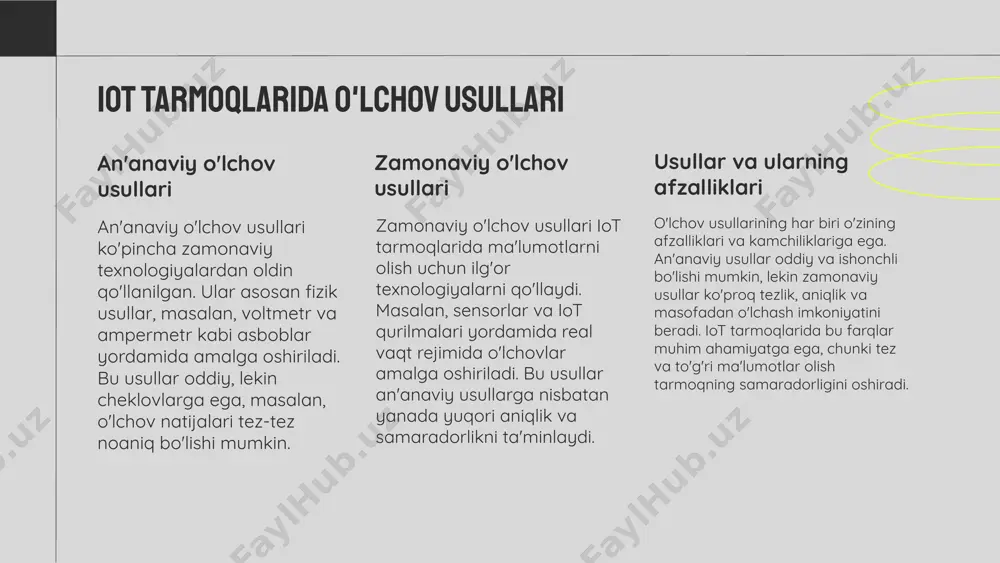 arni yig'ish va tayyorlash. bu bosqichda kerakli ma'lumotlar to'planadi va tahlil qilish uchun tayyorlanadi. ikkinchi bosqich - ma'lumotlarni tahlil qilish. bu jarayonda to'plangan ma'lumotlar turli usullar bilan tahlil qilinadi, masalan, statistik tahlil yoki grafik ko'rsatkichlar yordamida. uchinchi bosqich - natijalarni taqdim etish. tahlil natijalari vizual ko'rinishda taqdim etiladi, bu esa qaror qabul qilish jarayonini osonlashtiradi. 1. 2. 3. zamonaviy yondashuvlarning foydasi zamonaviy tahlil usullari iot tarmoqlarida bir qator muhim afzalliklarni taqdim etmoqda. bular orasida, avvalo, ma'lumotlarni real vaqtda tahlil qilish imkoniyati mavjud, bu esa tezkor qaror qabul qilish jarayonini sezilarli darajada tezlashtiradi. masalan, mashinalar o'rtasidagi o'zaro aloqa orqali ishlab chiqarish jarayonlaridagi samaradorlikni oshirish mumkin. shuningdek, iot tarmoqlarida big data tahlili yordamida katta hajmli ma'lumotlardan muhim tendensiyalarni aniqlash va prognoz qilish imkoniyatlari mavjud. bunday yondashuvlar yangi imkoniyatlarni yaratadi, masalan, energiya sarfini kamaytirish va xarajatlarni optimallashtirish. shuningdek, iot orqali to'plangan ma'lumotlar marketing strategiyalarini yangilashda va mijozlar ehtiyojlarini yanada chuqurroq tushunishda yordam beradi. …