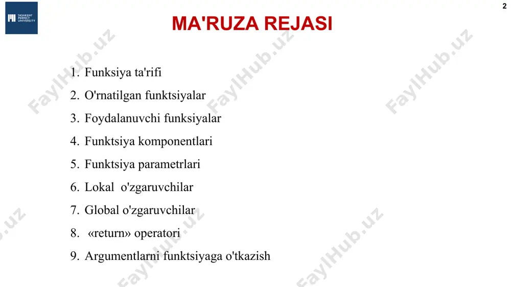 а. ерёмин, 2018 http://kpolyakov.spb.ru oʻrnatilgan funksiyalarga misollar * abs(x) - sonning modulini qaytaradi . bool([x]) - standart haqiqatni tekshirish protsedurasidan foydalangan holda bool turiga aylantirish. chr(i) - belgini qaytarilgan ko'rinishi bo'yichaadi. complex([real[, imag]]) - kompleks songa aylantirish. float([x]) - suzuvchi nuqta raqamiga aylantirish. agar argument ko'rsatilmagan bo'lsa, 0,0 qaytariladi. input([prompt]) - kiritilgan ma'lumotlar qatorini o'qiydi va qaytaradi. int([x=0, [base=10]]) - x ni o'nlik sanoqda butun songa aylantiradi. list([iterable]) - roʻyxat yaratadi. алгоритмы и программирование, язык python, 10 класс  к.ю. поляков, е.а. ерёмин, 2018 http://kpolyakov.spb.ru * max(iterable, *args[, key, default])-funksiyaga berilgan eng katta qiymatga ega elementni qaytaradi. min()-funksiyaga berilgan eng kichik qiymatga ega elementni qaytaradi. pow(x, y[, z])-raqamni quvvatga oshirish natijasini ixtiyoriy modul bo'linishi bilan qaytaradi. print(*objs, sep=' ', end='\n', file=sys.stdout, flush=false)-belgilangan ob'ektlarni ekranda ko'rsatadi yoki ularni matn oqimi sifatida faylga yuboradi. range(start, stop[, step])-start bilan boshlangan, step qadamli, stop bilan tugaydigan arifmetik progressiya. round(number[, ndigits])-belgilangan haqiqiy sonni, berilgan honagacha …