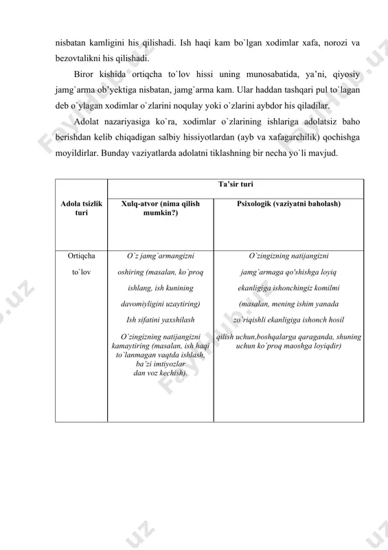 jud. masalan, agar xodim eski, past sifatli, zamonaviy bo`lmagan asbob-uskunalar ustida ishlayotgan bo`lsa, ishning yakuniy natijalariga qaramasdanunda past ko`rsatkichlar bo`lishi tayin. bunday sharoitda ishlaydigan xodimning motivatsiyasi past bo`ladi va u bunday paytda to`liq ish qobiliyatini ishga solishni xohlamaydi. agar uning natijalari tashkilot tomonidan munosib taqdirlanmagan bo`lsa, ya’ni bu natijalar mukofot olish uchun vosita sifatida qabul qilinmasa, xodimlarning motivatsiyasi pasayadi. bunday sharoitda boshqa variant ham mumkin, ya’ni agar xodim o`z tashkilotidan eng past motivatsiyani oladigan bo`lsa va ish unumdorligi va ish sifatining oshishi endi uning to`loviga ta’sir qilmasa, uning ishtiyoqi endi past holicha qolishi mumkin. va nihoyat, agar xodim o`z jamg`armasidan ish haqini oladigan bo`lsa ham, agar ushbu mukofot uning uchun past valentli bo`lsa, u past motivatsiyaga ega bo`lishi mumkin. agar tashkilot tomonidan beriladigan taqdirlashlar xodim uchun yetarlicha jozibador bo`lmasa, u ularni olishga intilmaydi. masalan, daromadi yuqori bo`lgan xodim uchun unga 100 dollar to`lanadigan biron ish taklif qilinsa uning mazkur ish …