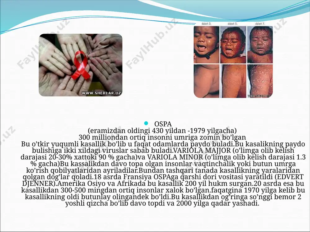 a ko’p inson olamdan o’tgan. o’lat (1340-1771) butun dunyodan 75 million odamning o’limiga sababchi bo’lgan bu boshqa kasaliklardan ko’rada qadimiyroq bo’lib u eramizdan oldingi 1-2 asrga borib taqaladi.bu kasallik 551 580 yillarda sharqiy rim va yqin sharqni bosib oldi.bu kasalikdan 20 milliondan ortiq odam xalok bo’ldi.1090 yil kievda 2 xafta ichida 10 000 odam xayotdan ko’z yumdi.asosan yevropada bu kasallik keng ravishda tarqalgan.yevropada keng tarqalgan bu qora o”lim keyinchalik xitoyga xam yetib keldi 1664 – 1665 yilda esa londndan 20% aholini o’limiga sababchi bo’ldi.bu kasllikning so’ngi bemori malum bo’lishicha 2002 yil aqshda topilgan.bazida joylarda o’latni tarqalishiga mushuklar xam sababchi bo’lganlar.bu kasallika asl sababchilar esa kalamushlar desam ishonasizmi? shuncha odamning xayotiga zomin bo’lgan bu kasalikni kelib chiqishi kalamushlar tufayli. malyariya (1600 yildan xozirgi kunga qadar) bir yilda ikki million odamni xayotiga nuqta qo’ymoqda shu 20 yil ichida uning o’lim darajasi yuqoriga ko’tarilgan.bu kasallikning vatani g’arbiy afrika va markaziy afrika xisoblanadi.bu.ammo shuni …