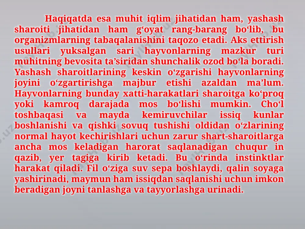 jud. malakalar deyilganda hayvonlarning shartli bog‘lanishlarga aso-san bajaradigan va avtomatik tarzda takrorlanadigan xatti-harakati tu-shuniladi. malakalar xuddi instinktlarga o‘xshab rivojlanishning nisbatan quyi bosqichlarida ham bo‘ladi, lekin aniq ifoda etilgan mala-kalar faqat bosh miya qobig‘i bo‘lgan hayvonlardagina namoyon bo‘ladi. shunday qilib, malakalar bir-biridan jiddiy ravishda farq qilishi mumkin: bir xil holatda ular avtomatik takrorlanishiga ko‘ra instinkt-larga yaqin tursa, boshqa bir holda intellektual xatti-harakatlarga yaqinlashib ketadi. ayrim narsalar o‘rtasida murakkab munosabatlar-ning aks ettirilishi intellektual xatti-harakatlar negizini tashkil etadi. yuksak taraqqiy etgan hayvonlar narsalar o‘rtasidagi munosabatlarni payqash qobiliyatiga va mazkur vaziyatning natijasini oldindan bilish, ya’ni o‘sha narsa agar u harakat qilayotgan bo‘lsa, qayerda paydo bo‘lishini hisobga olish qobiliyatiga egadir. bunday xatti-harakatni aqliy xatti-harakat deb ayta olamiz. hayvonlarning ayrim turlarida instinktlar ustun bo‘lsa, boshqalari-da shaxsiy tajriba jarayonida orttirilgan bog‘lanishlar ustunroq bo‘ladi. munosabat bildirishning ayrim usuli sifatida instinktlar va mala-kalar hayvon organizmini ortiqcha zo‘riqishdan saqlaydi. hayvon qa-torasiga bir necha bor muvaffaqiyatsizlikka duch kelganda, keyincha-lik masalani hal …