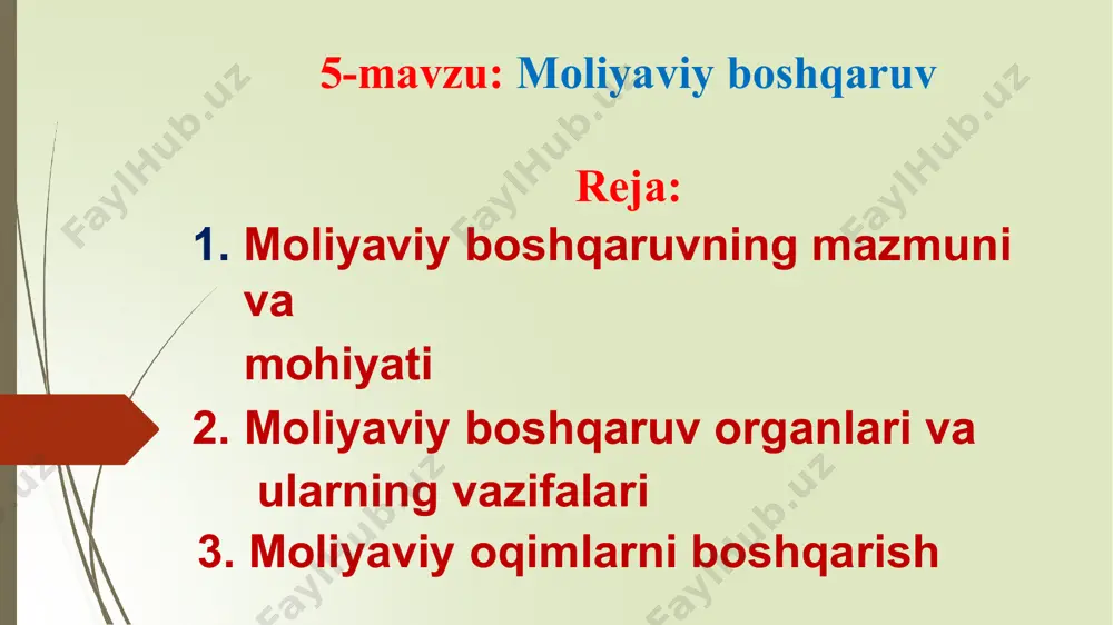 moliyaviy moliyaviy barqarorlik va mustaqillikni ta’minlashdir. shunga boshqaruvning monand asosiy ravishda metodologik moliyaviy tamoillari quyidagilardan iborat: pirovard maqsadga bog’liqlik; xo’jalik barcha tarmoqlarining makroiqtisodiy muvozanatliligi; jamiyat barcha a’zolarining manfaatlariga mos kelish; iqtisodiy qonunlardan foydalanish; real imkoniyatlar asosida ichki va tashqi iqtisodiy sharoitlarni hisobga olish. moliyaviy boshqaruvning aniq metodlari va shakllari quyidagilardan iborat bo’lishi mumkin: moliyaviy rejalashtirish; bashoratlash (prognozlashtirish); dasturlashtirish; moliyaviy tartibga solish; moliyaviy nazorat; qonunlarni (qonunchilikni) qabul resurslarni jalb qilish metodlari moliyaviy qilish; moliyaviy tizimi. moliyaviy boshqaruv tizimi boshqaruv subyektlari ta’sir instrumentlari pirovard maqsad boshqaruv obyektlari moliyaviy tizim moliyaviy siyosat tizimlar moliyasi moliyaviy barqarorlik prezident; parlament; hukumat; moliya vazirligi; davlat soliq qo’mitasi; markaziy bank; hisob palatasi; va boshqalar. boshqaruv tamoillari; moliyaviy bashoratlash; moliyaviy dasturlash; moliyaviy rejalashtirish; moliyaviy tartibga solish; moliyaviy nazorat; moliyaviy qonunchilik; moliyaviy tahlil. byudjet fondlarini shakllantirish va foydalanish bo’yicha munosabatlar; byudjetdan tashqari davlat maqsadli fondlarini shakllantirish va foydalanish bo’yicha munosabatlar; sug’urta fondlarini shakllantirish va foydanish bo’yicha munosabatlar. makroiqtisodiy muvozanat; …