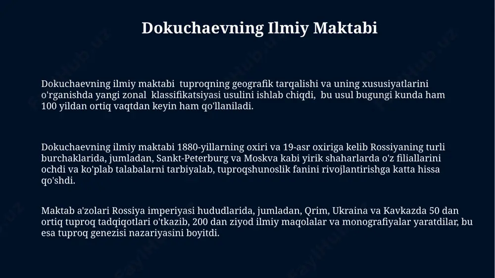 klassifikatsiya 1886 yilda nashr etilgan "rossiya evropa qismining tuproqlari haqida" nomli asarida batafsil bayon etilgan va 100 yildan ortiq vaqt davomida tuproqshunoslik fanining rivojlanishiga katta ta'sir ko'rsatgan. dokuchaevning tuproq klassifikatsiyasi, tuproq hosil boʻlish jarayonlarini hisobga olib, 3 ta asosiy omil – iqlim, ona jins va relyefni ta'kidlab, tuproqlarni genetik belgilariga ko'ra guruhlashga asoslangan. dokuchaevning tuproq klassifikatsiyasi 5 ta asosiy zonal tuproqlarni – podzol, chernozem, kashtan, qizil va sariq tuproqlarni ajratishga asoslangan bo'lib, rossiya va sharqiy yevropaning keng geografik hududlarini qamrab olgan. tuproqlarning geografik tarqalishi dokuchaevning 1880-yillardagi rossiyaning turli hududlaridagi, jumladan, chernozem zonalarining tuproq xaritalarini tuzishdagi ishlari zamonaviy tuproq geografiyasining asosini tashkil etdi. "tuproqlarning geografik tarqalishi"da tuproq unumdorligining 5 ta asosiy omilga – iqlim, relyef, ona jins, organizmlar va vaqtga bog'liqligini ko'rsatuvchi tushunchalar batafsil o'rganiladi. o'zbekistonning qoraqalpog'iston respublikasi va xorazm viloyatlaridagi tuproqlarning taqsimoti "tuproqlarning geografik tarqalishi" asosida o'rganilib, ularning sho'rlanish darajasi va tuzilishi aniqlanadi. dokuchaevning tuproqshunoslikka qo'shgan hisasi dokuchaevning 5 ta …