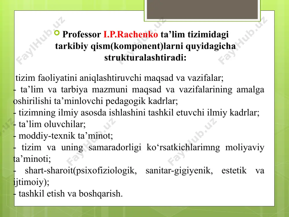 odlarining mohiyati bilan belgilanadi va o‘qituvchi hamda o‘quvchilar o‘rtasidagi munosabatlarni tashkil etish jarayonida yetakchi o‘rin tutadi. o‘qitish jarayoni 4 ta asosiy zvenolardan tashkil topgan: 1-o‘zlashtirilishi lozim bo‘lgan materialni idrok etish; 2-uni fahmlab olish, tushunchalarning hosil bo‘lishi; 3-bilimlarni mustahkamlash va takomillashtirish, ko‘nikma va malakalarning hosil bo‘lishi; 4-hosil qilingan ko‘nikma va malakalarni amalda qo‘llash. har bir zveno uchun o‘quvchilarning muayyan xarakterdagi bilish faoliyati xarakterlidir. bu faoliyat o‘qituvchi tomonidan alohida rahbarlikni talab etadi. ta’lim tamoyillari ta’limning mazmunli tamoyillari. ular ta’lim mazmunini tanlash bilan bog‘liq bo‘lgan qonuniyatlarni aks ettiradi va quyidagi g‘oyalarni ifodalaydi: - fuqarolik; - ilmiyligi; - tarbiyalovchi ta’lim; -fundamentalligi va amaliy yo‘nalganligi (ta’limning hayot bilan, nazariyaning amaliyot bilan bog‘liqligi); - tabiat bilan uyg‘unligi; - madaniyat bilan uyg‘unligi; - insonparvarligi. fuqarolik tamoyili. unga ko‘ra ta’lim mazmunini shaxsning subektivligini rivojlantirish, uning ma’naviyligi va ijtimoiy yetukligiga yo‘naltirishda namoyon bo‘lishi kerak. u ta’lim mazmunini insonparvarlashtirishni nazarda tutadi va fuqarolikni anglash, o‘zbekiston respublikasining ijtimoiy va siyosiy tuzilishi …