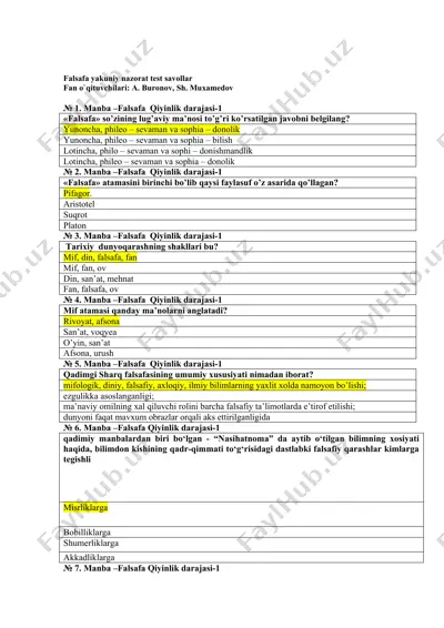falsafa yakuniy nazorat test savollar — DOCX
